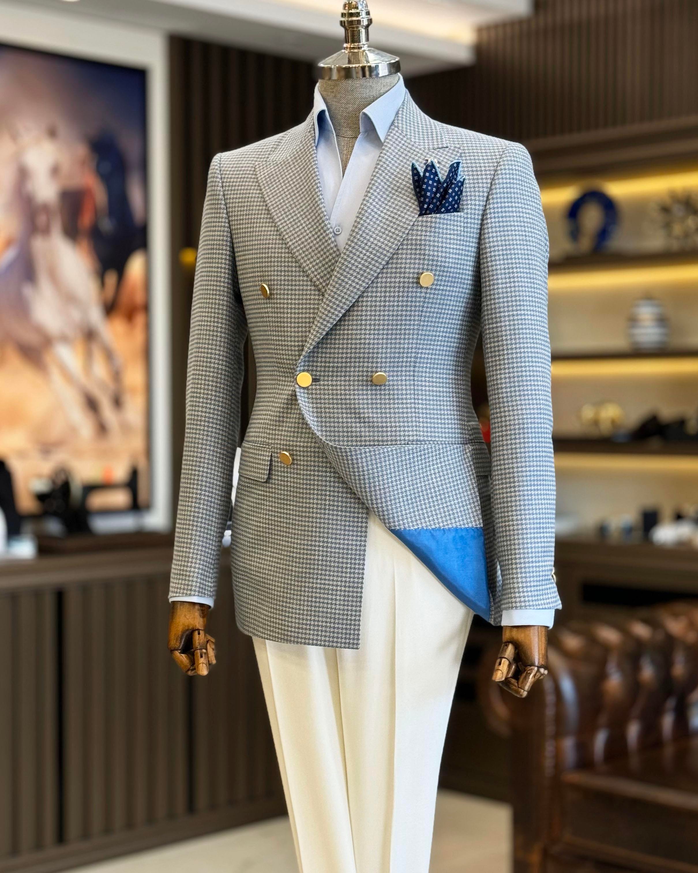 İtalyan stil slim fit kazayağı desen kruvaze erkek ceket mavi T12555