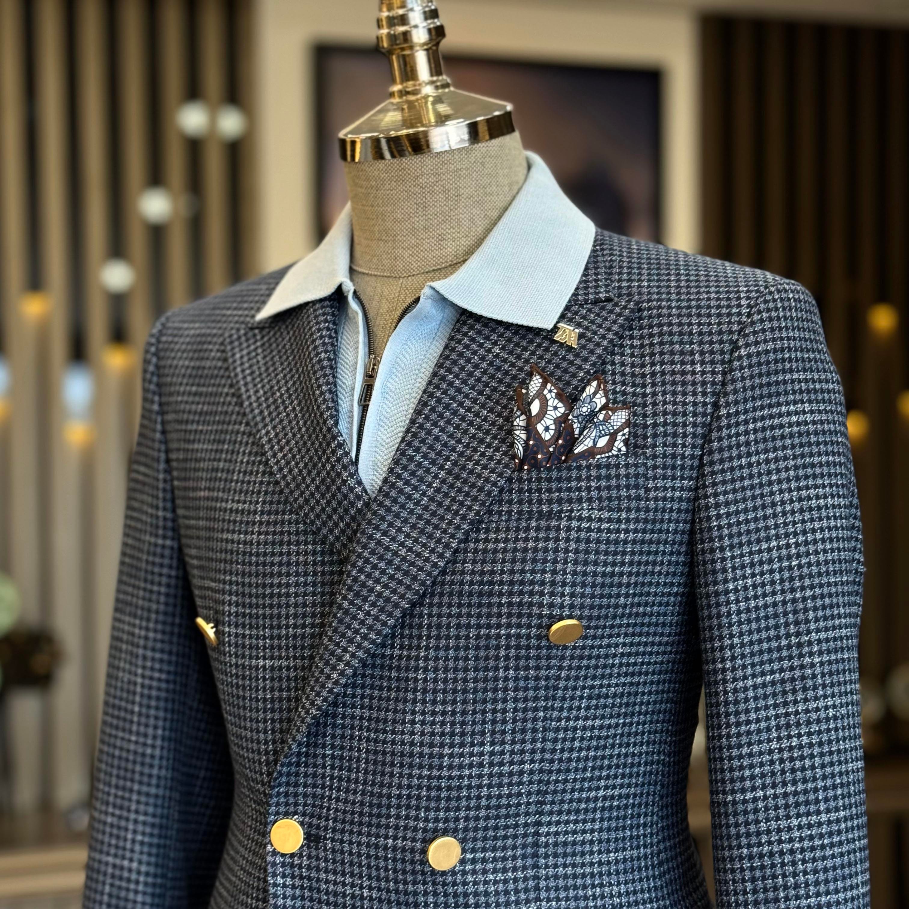 İtalyan stil slim fit kazayağı desen kruvaze erkek ceket lacivert T12554