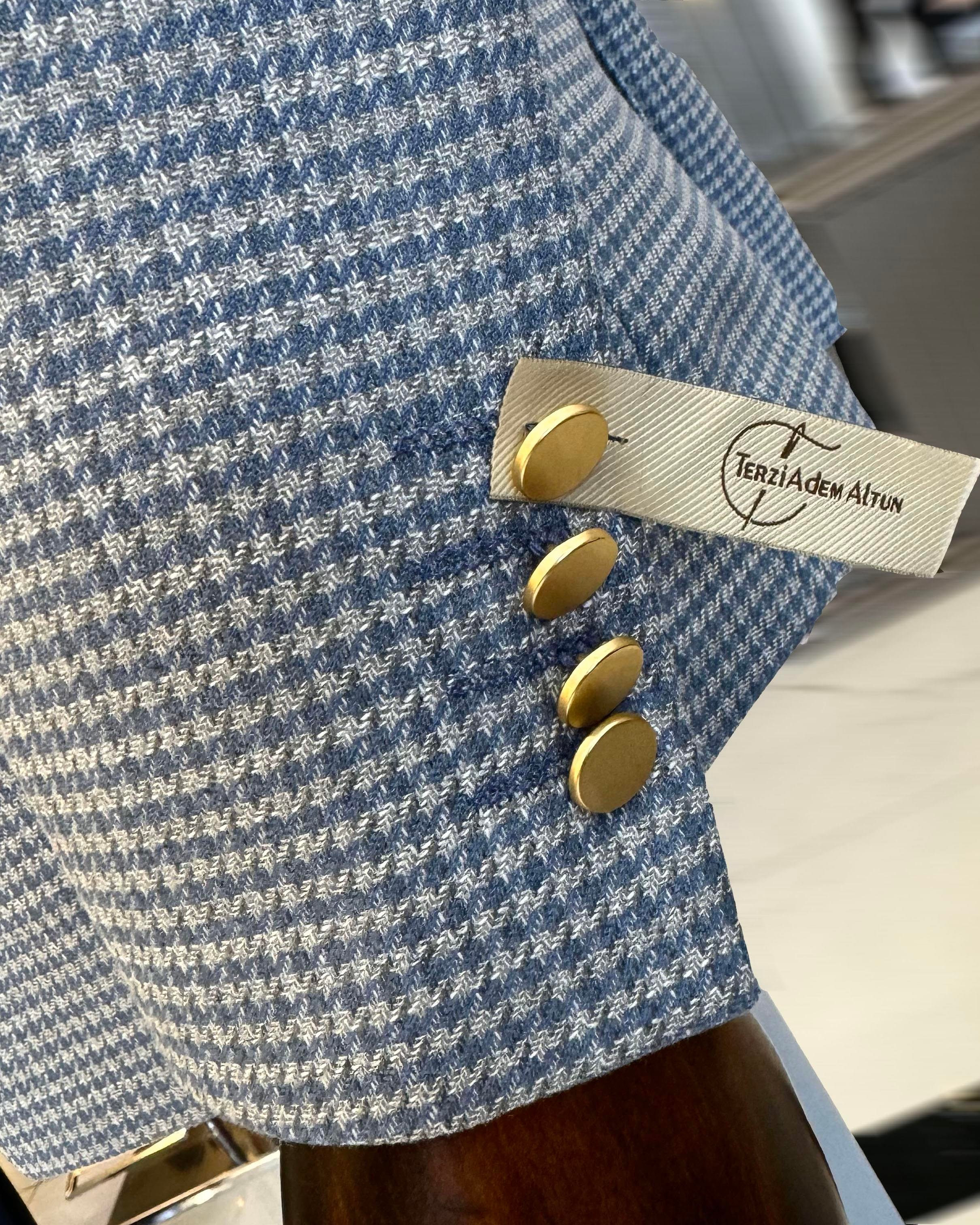 İtalyan stil slim fit kazayağı desen kruvaze erkek ceket mavi T12555