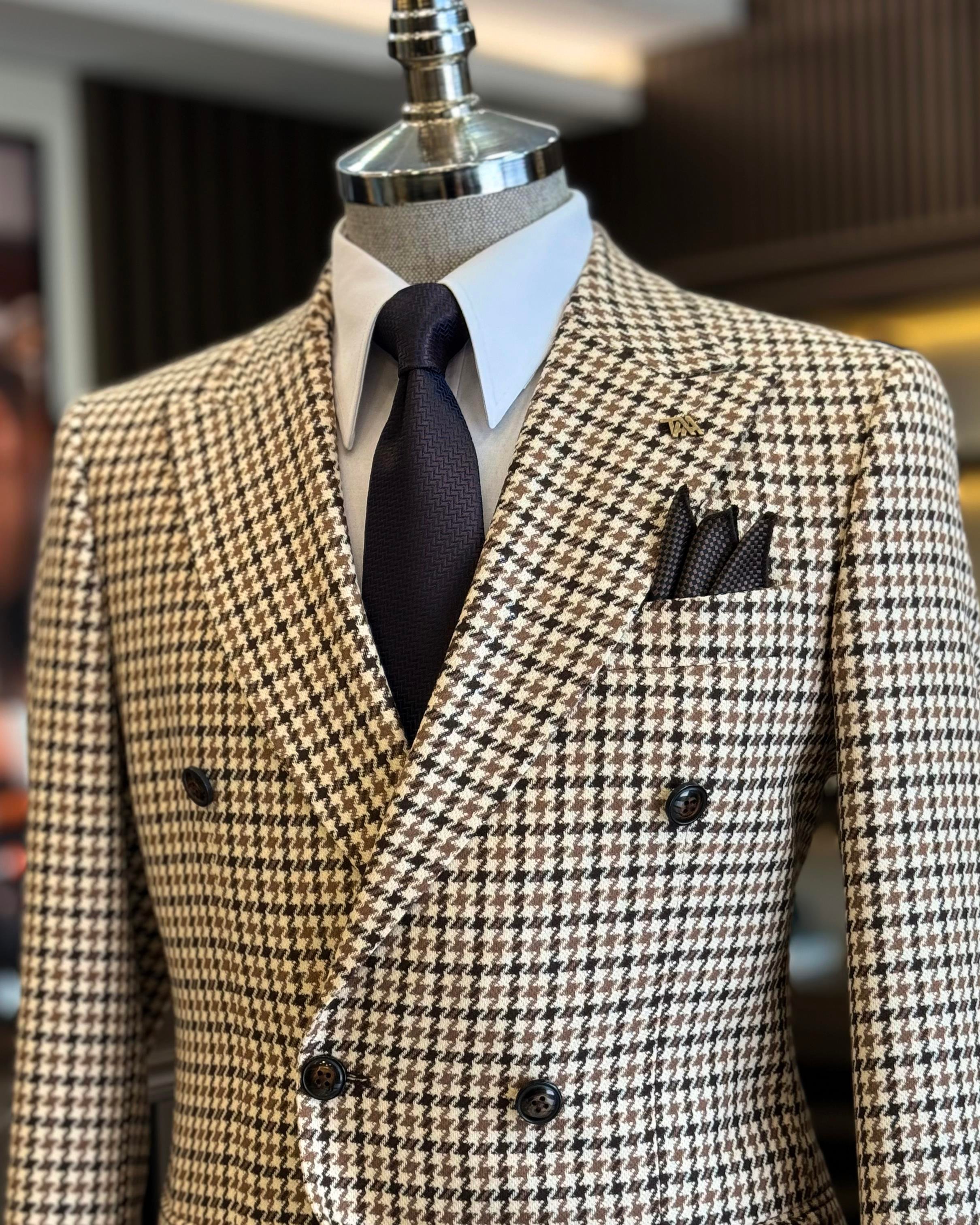 İtalyan stil slim fit kazayağı desen kruvaze erkek ceket kahverengi T13050