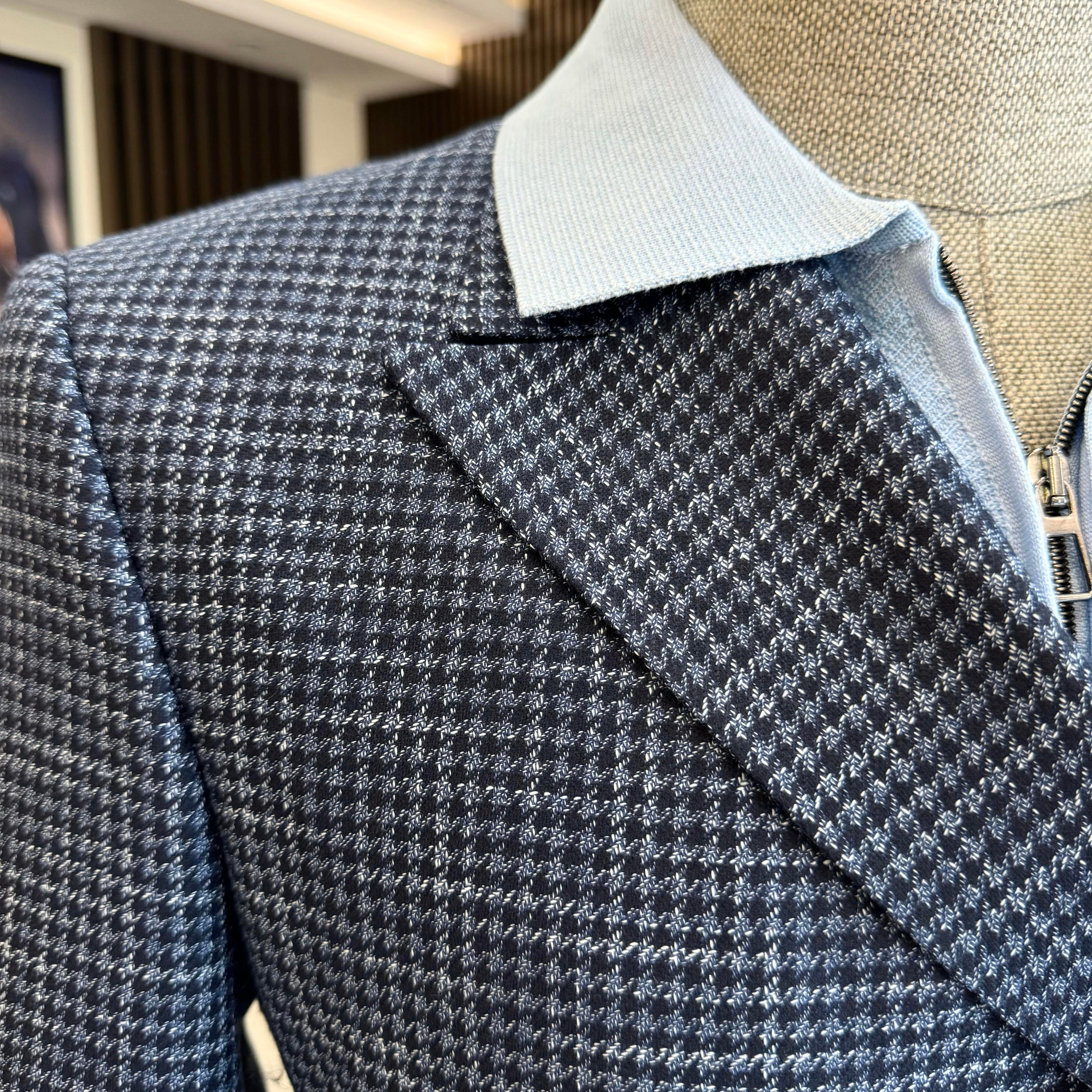 İtalyan stil slim fit kazayağı desen kruvaze erkek ceket lacivert T12554