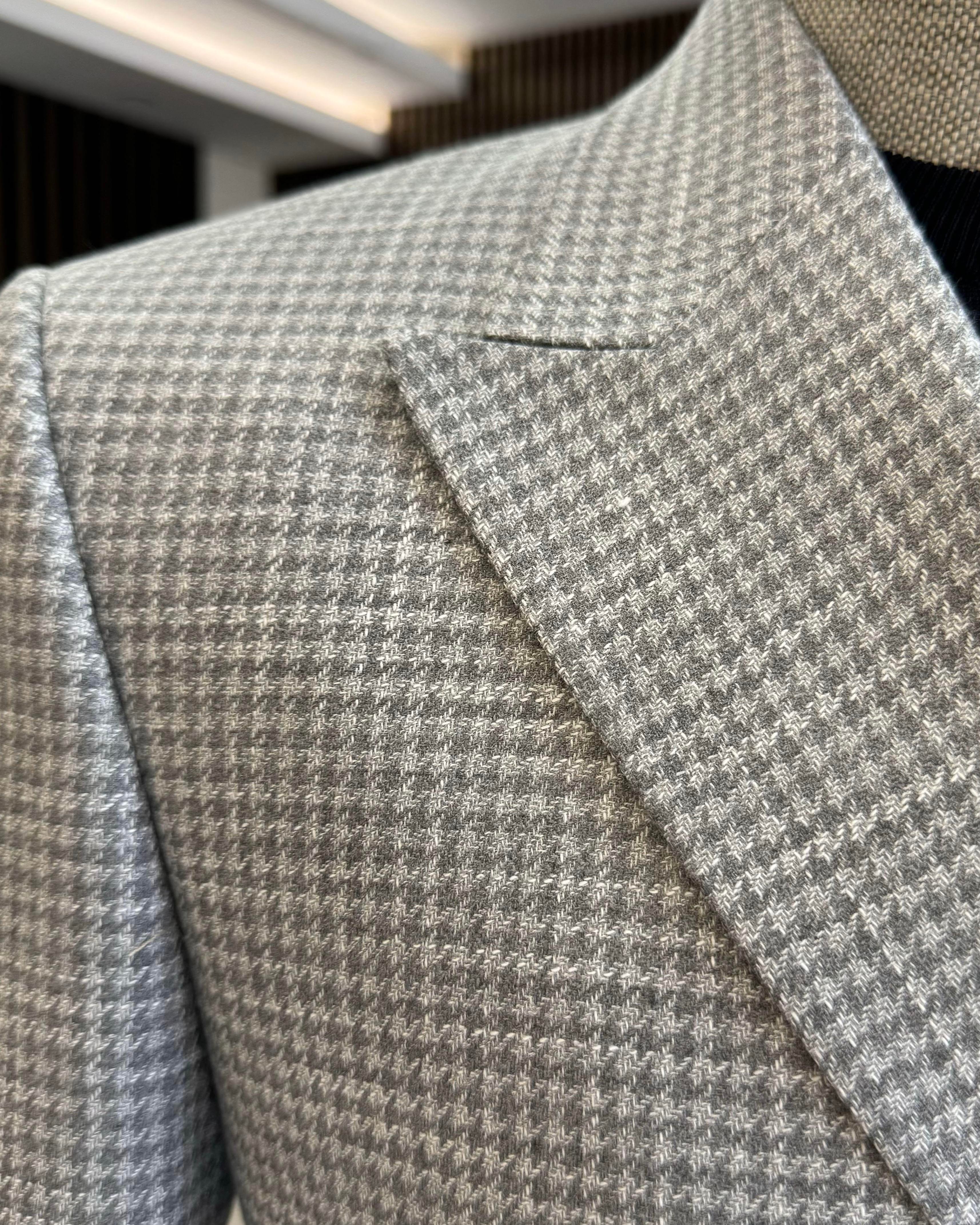 İtalyan stil slim fit kazayağı desen kruvaze erkek ceket gri T12556