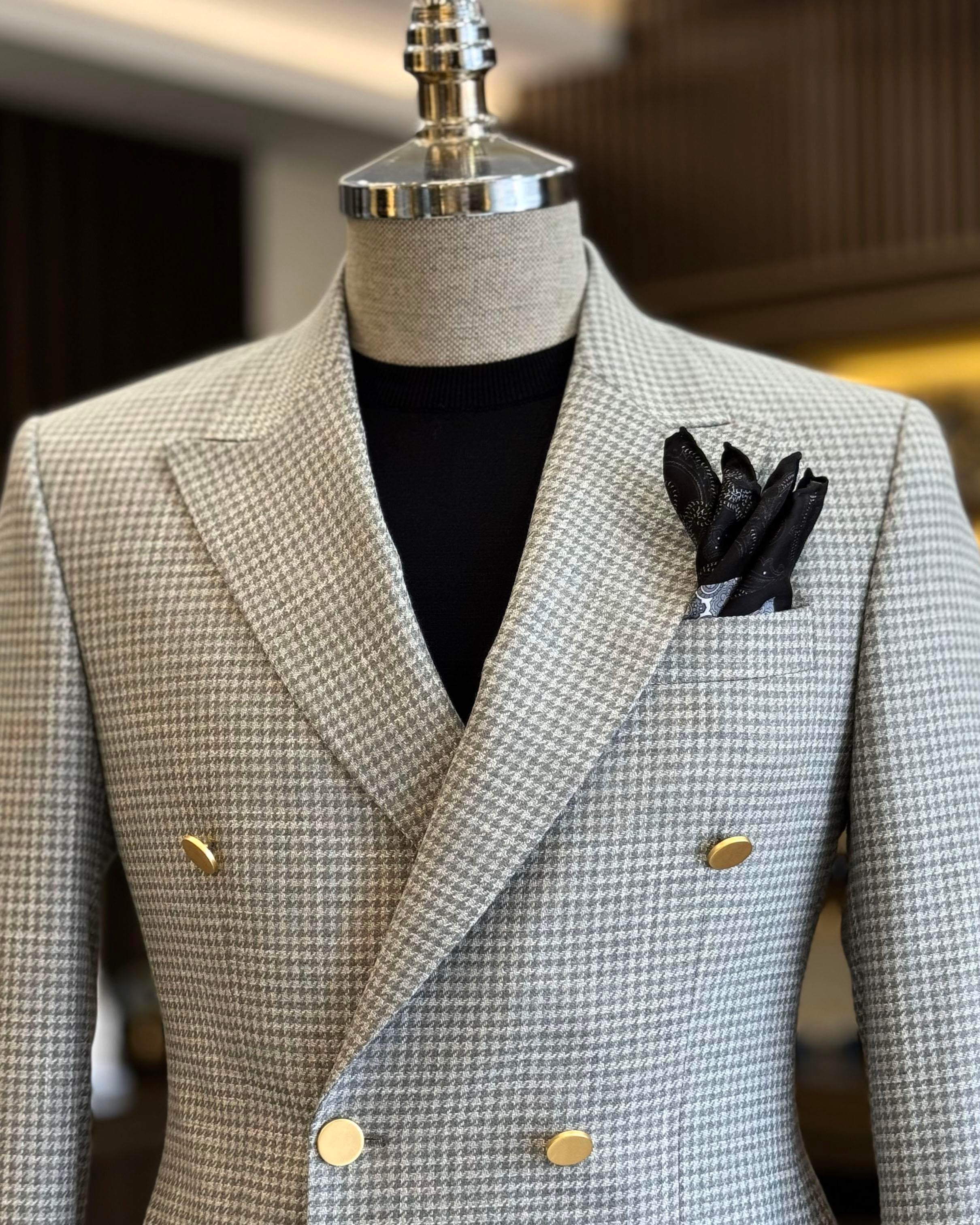 İtalyan stil slim fit kazayağı desen kruvaze erkek ceket gri T12556