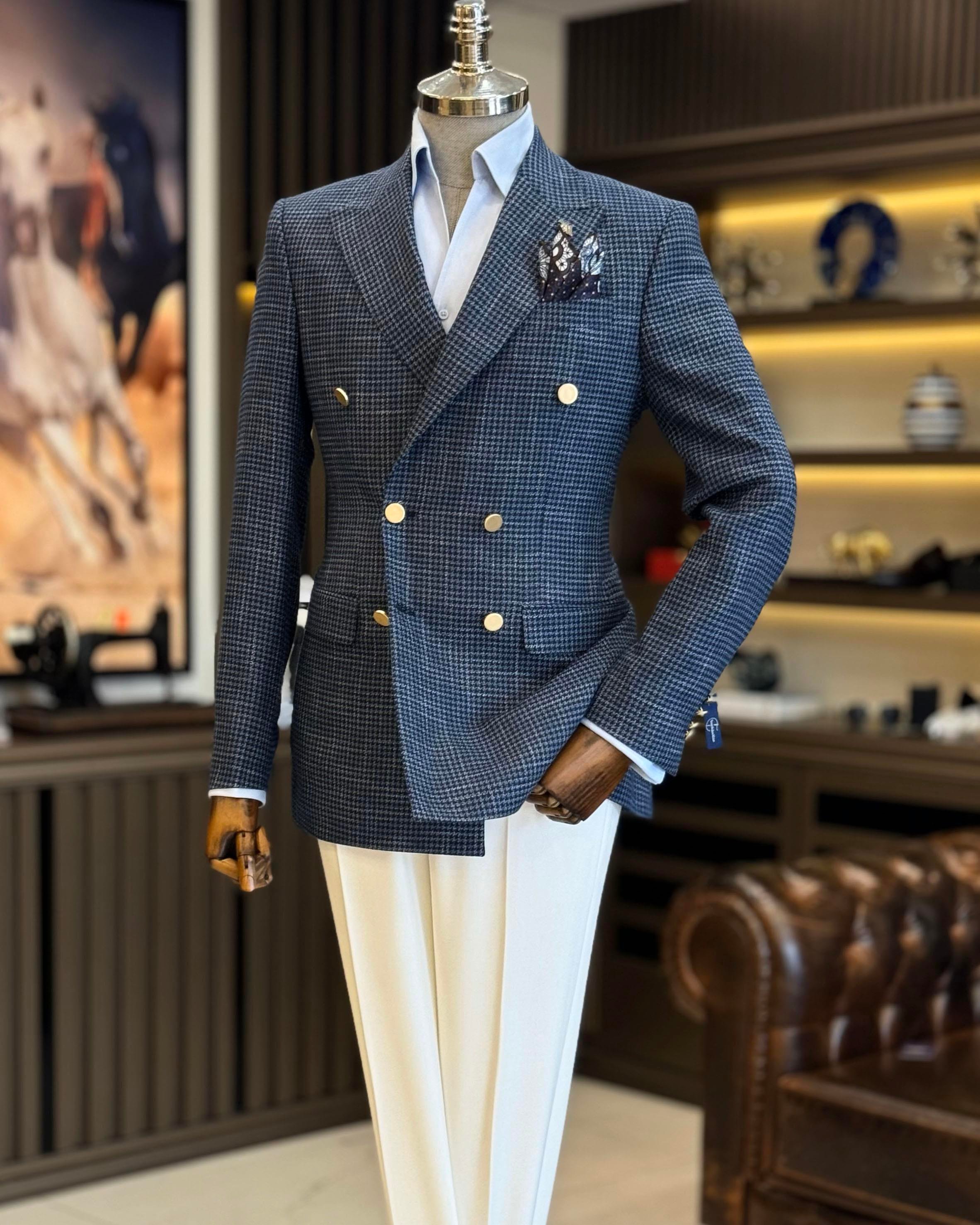 İtalyan stil slim fit kazayağı desen kruvaze erkek ceket lacivert T12554