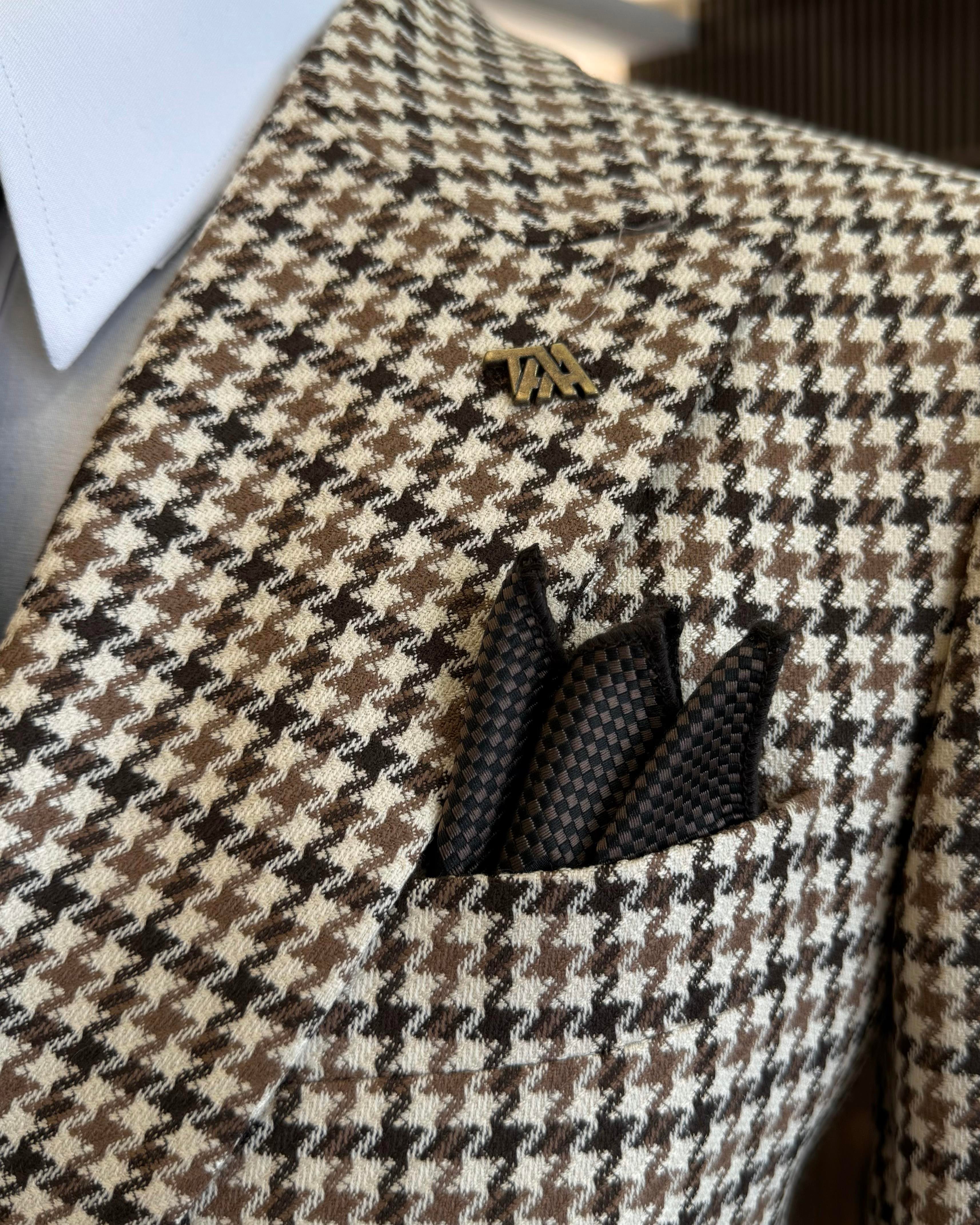 İtalyan stil slim fit kazayağı desen kruvaze erkek ceket kahverengi T13050