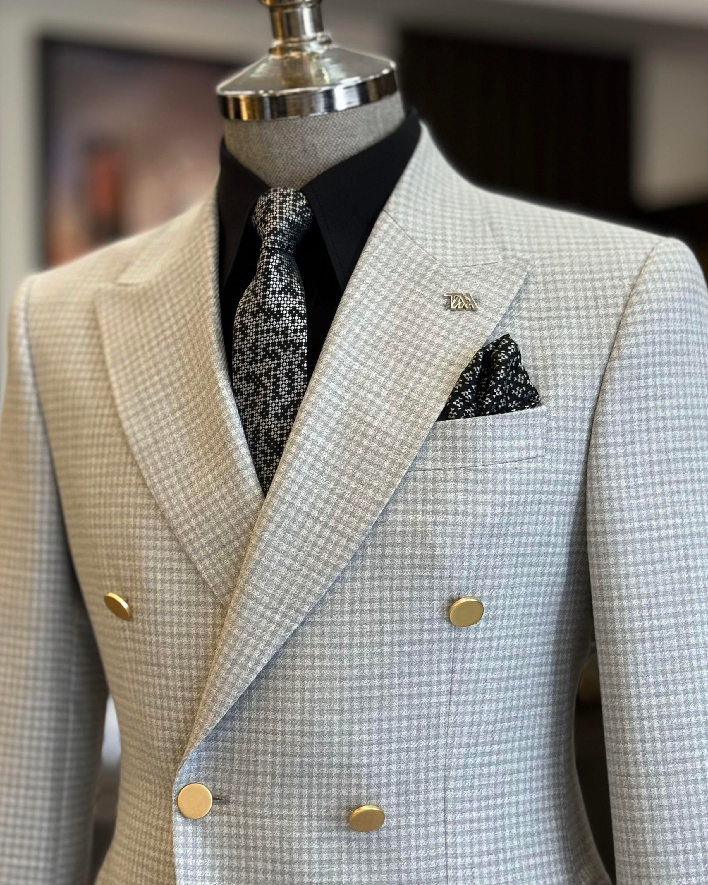 İtalyan stil slim fit kazayağı desen kruvaze erkek ceket gri T12557