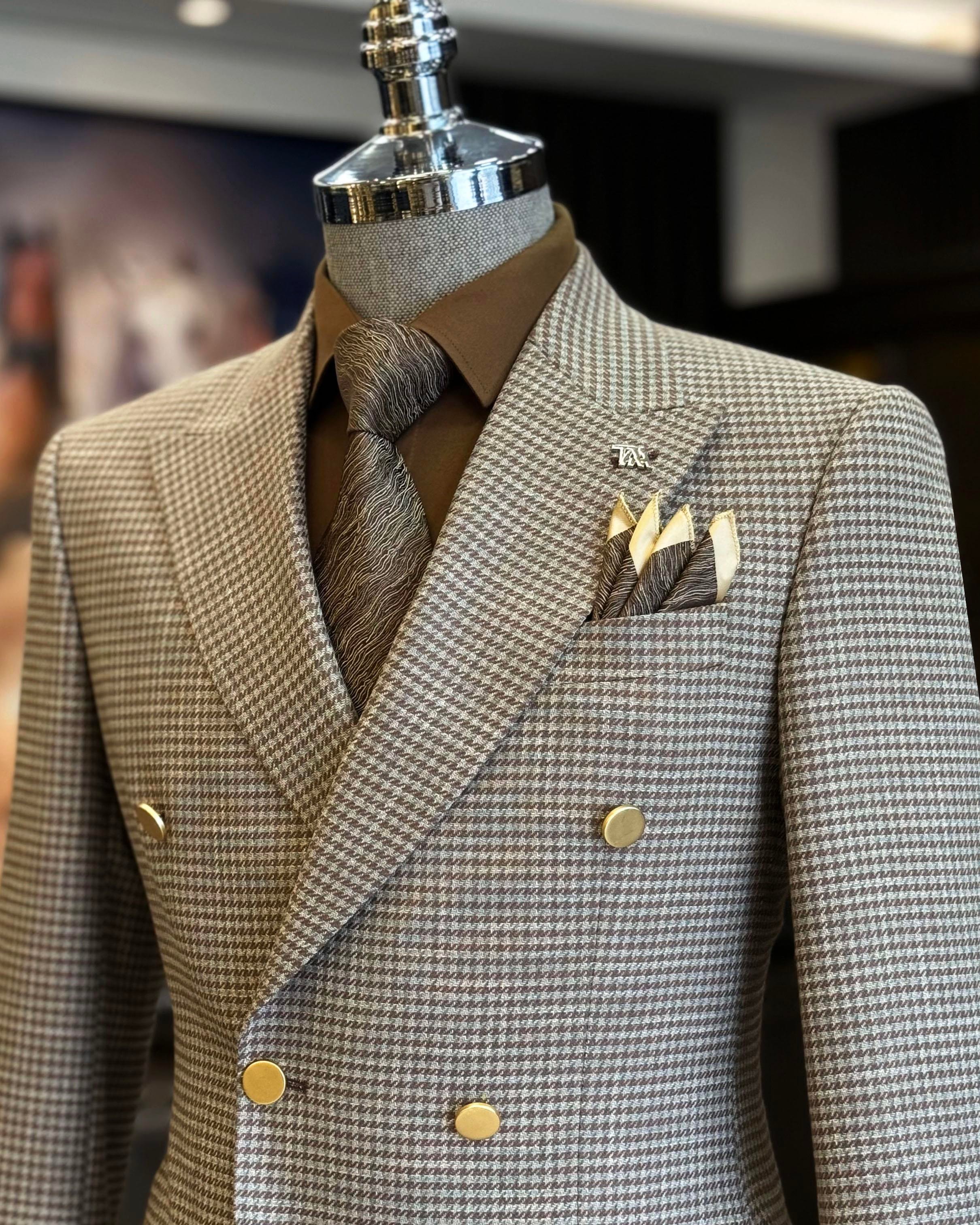 İtalyan stil slim fit kazayağı desen kruvaze erkek ceket kahverengi T12558