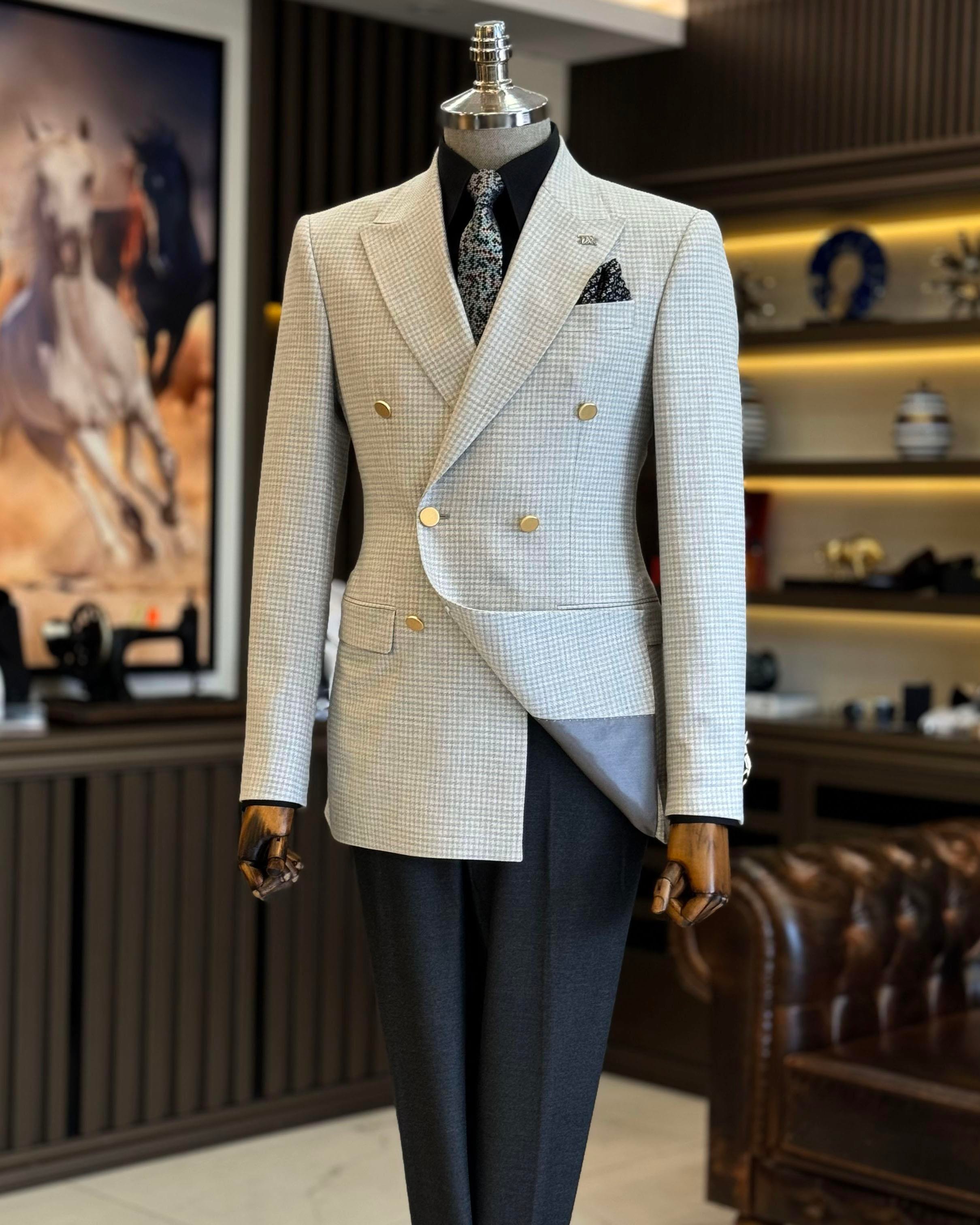 İtalyan stil slim fit kazayağı desen kruvaze erkek ceket gri T12557