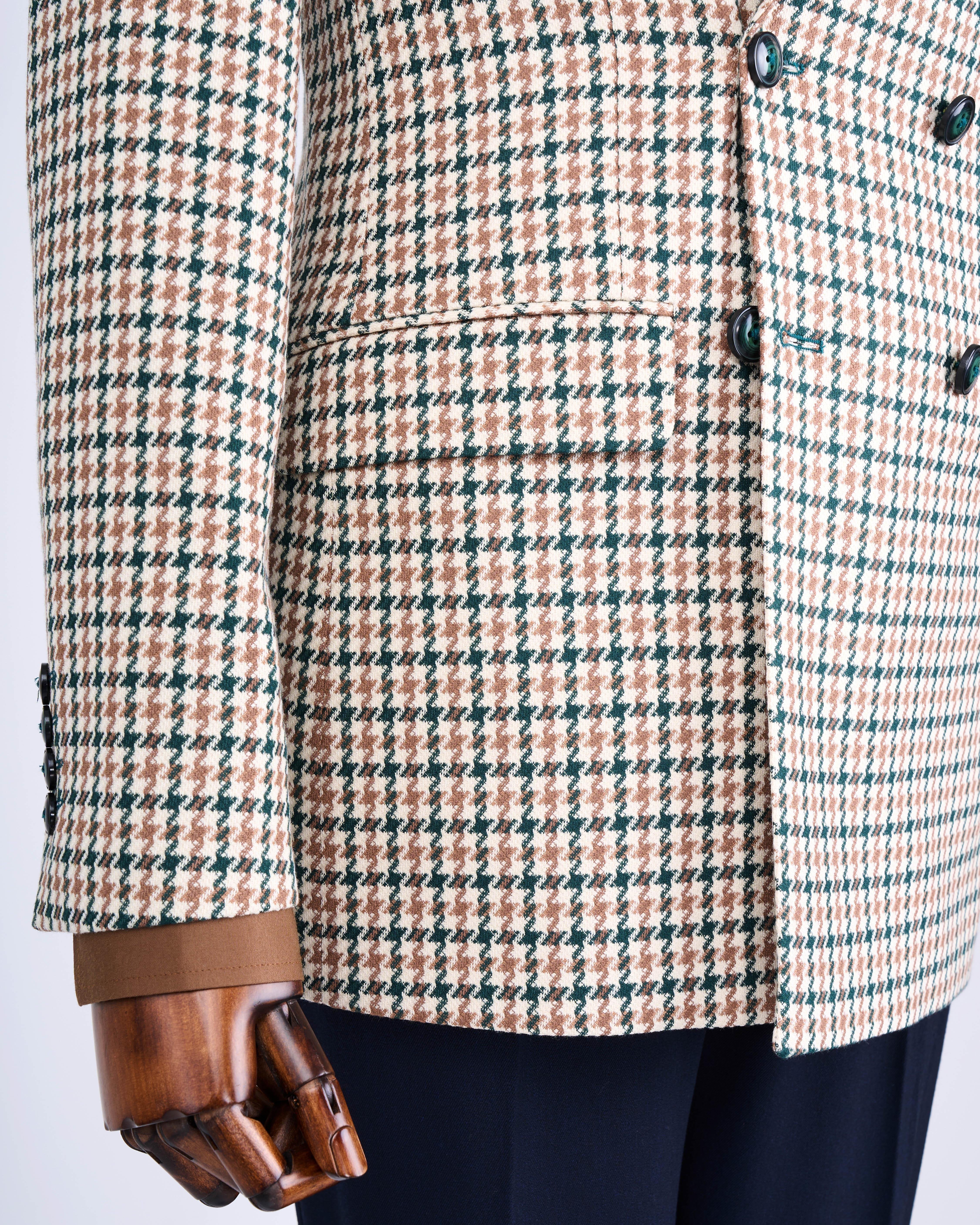 İtalyan stil slim fit kazayağı desen kruvaze erkek ceket yeşil T13049
