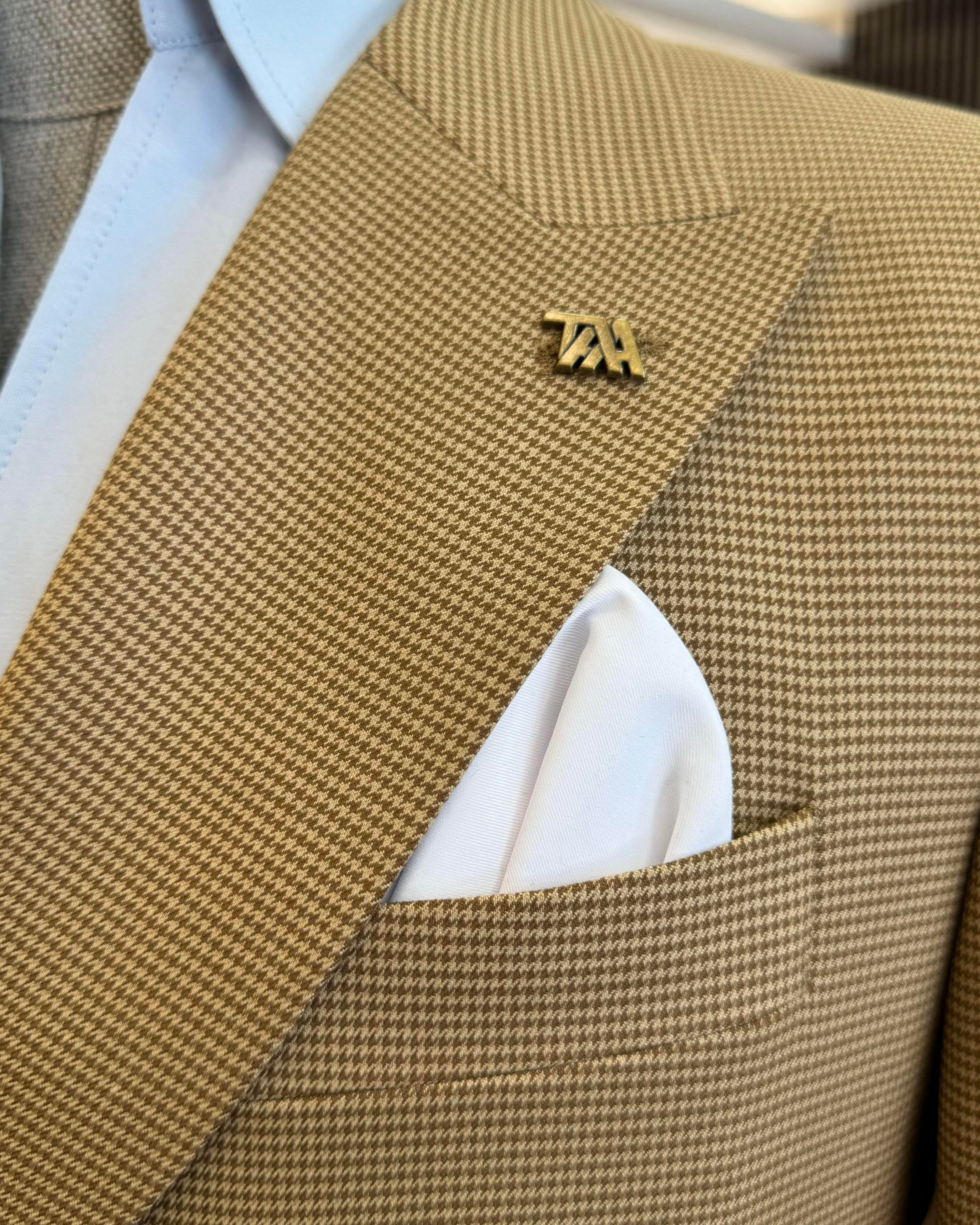İtalyan stil slim fit kazayağı desen kruvaze erkek ceket kahverengi T12625