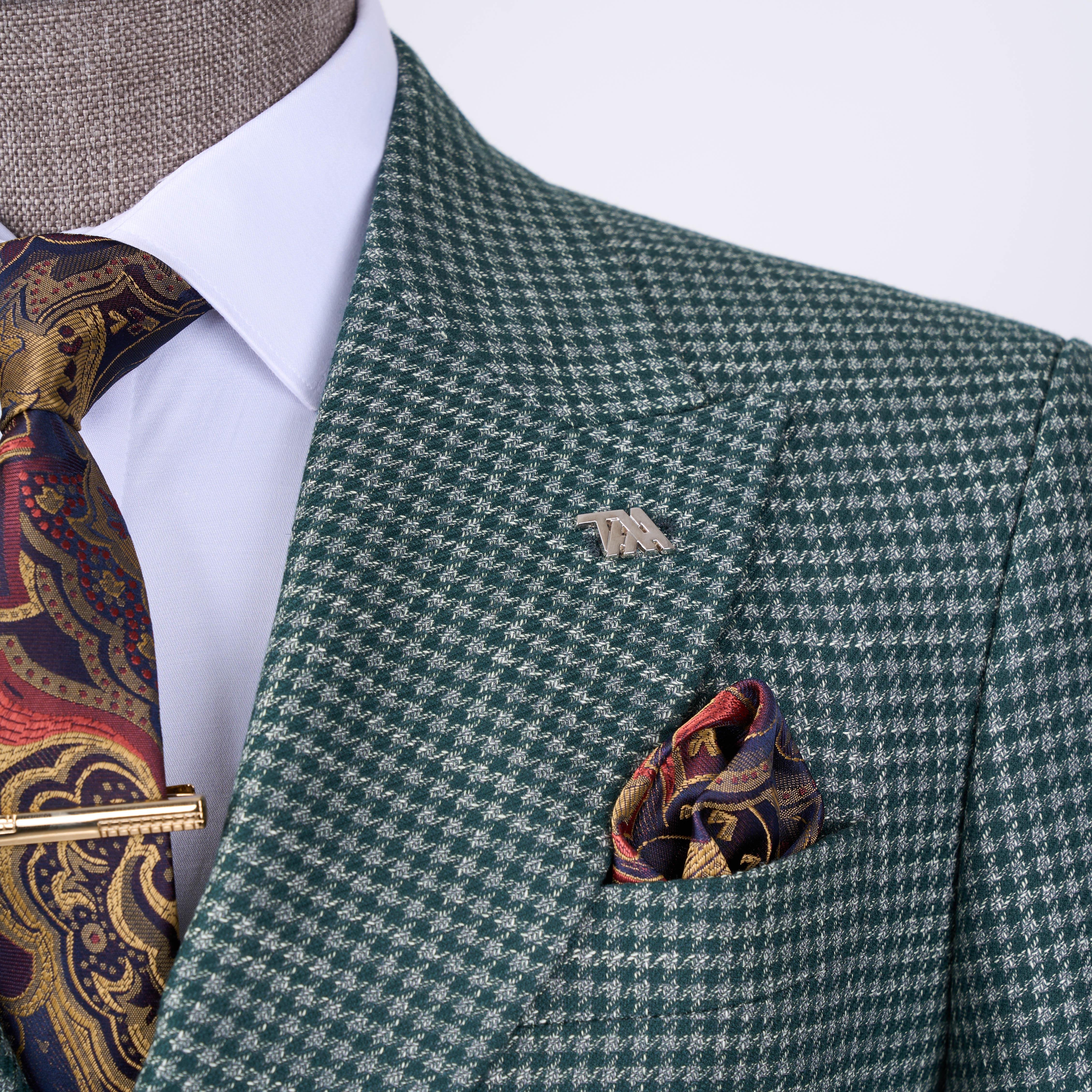 Italian style slim fit houndstooth pattern double breasted men's jacket green T12552