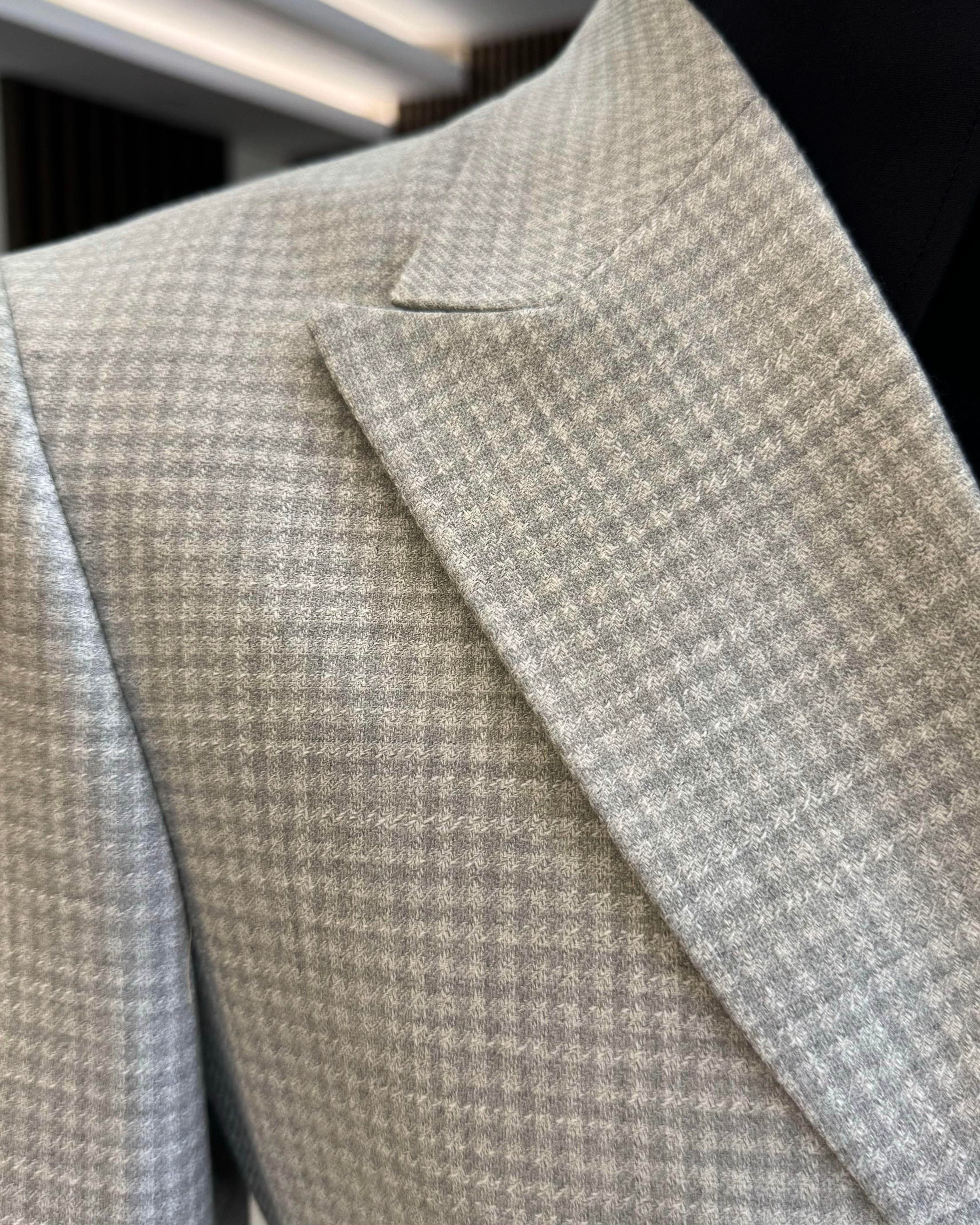 İtalyan stil slim fit kazayağı desen kruvaze erkek ceket gri T12557