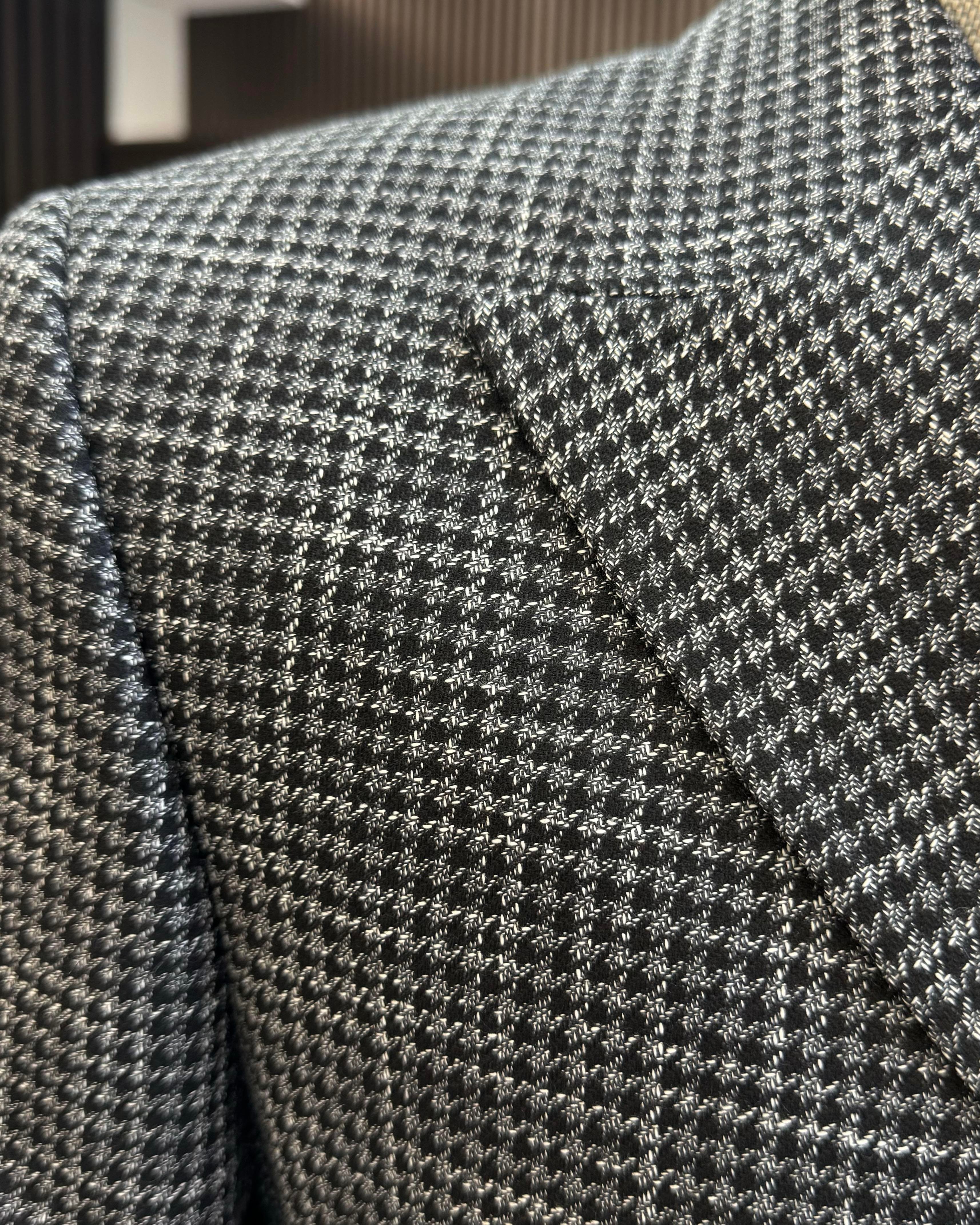 İtalyan stil slim fit kazayağı desen kruvaze erkek ceket siyah T12553