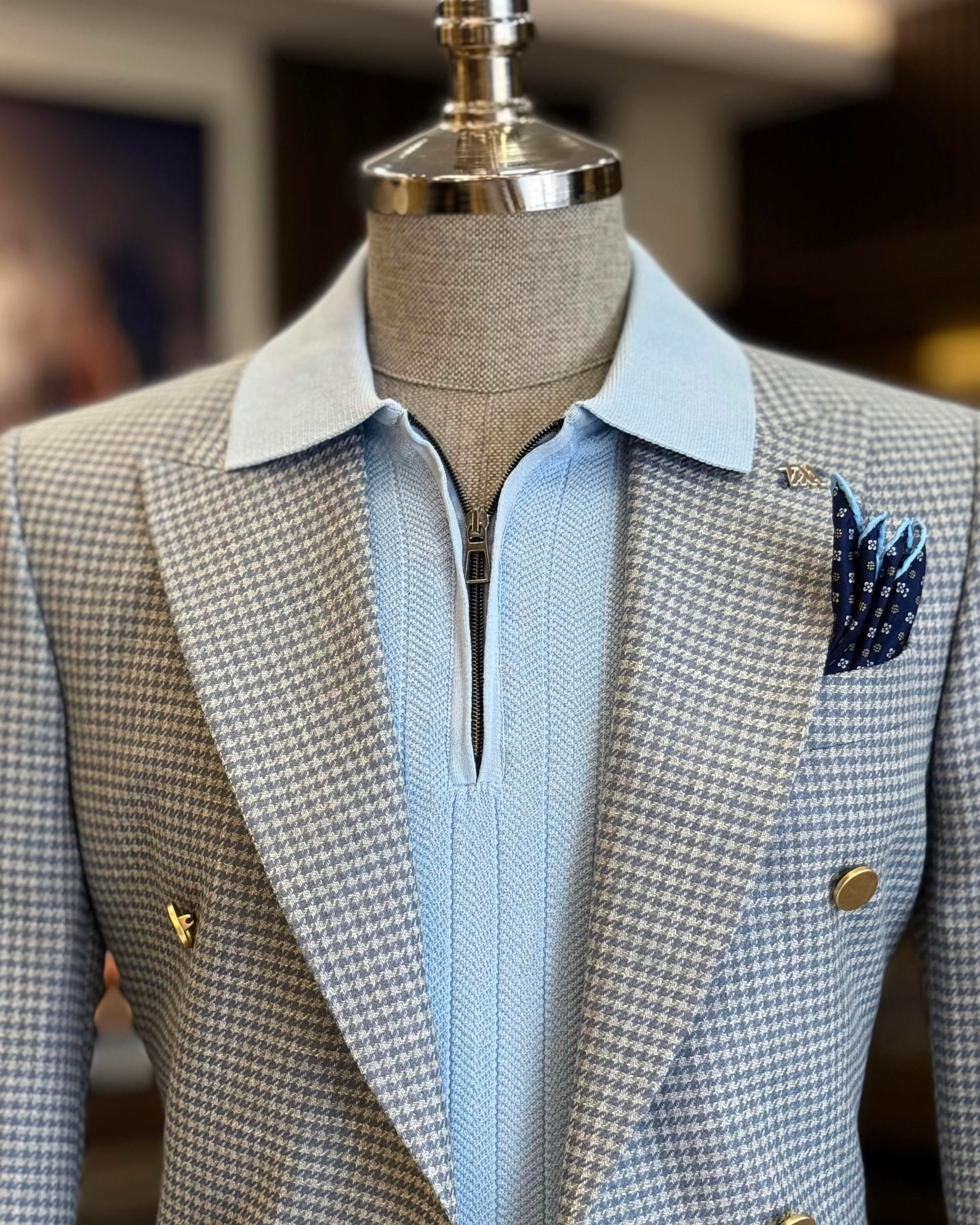İtalyan stil slim fit kazayağı desen kruvaze erkek ceket mavi T12555