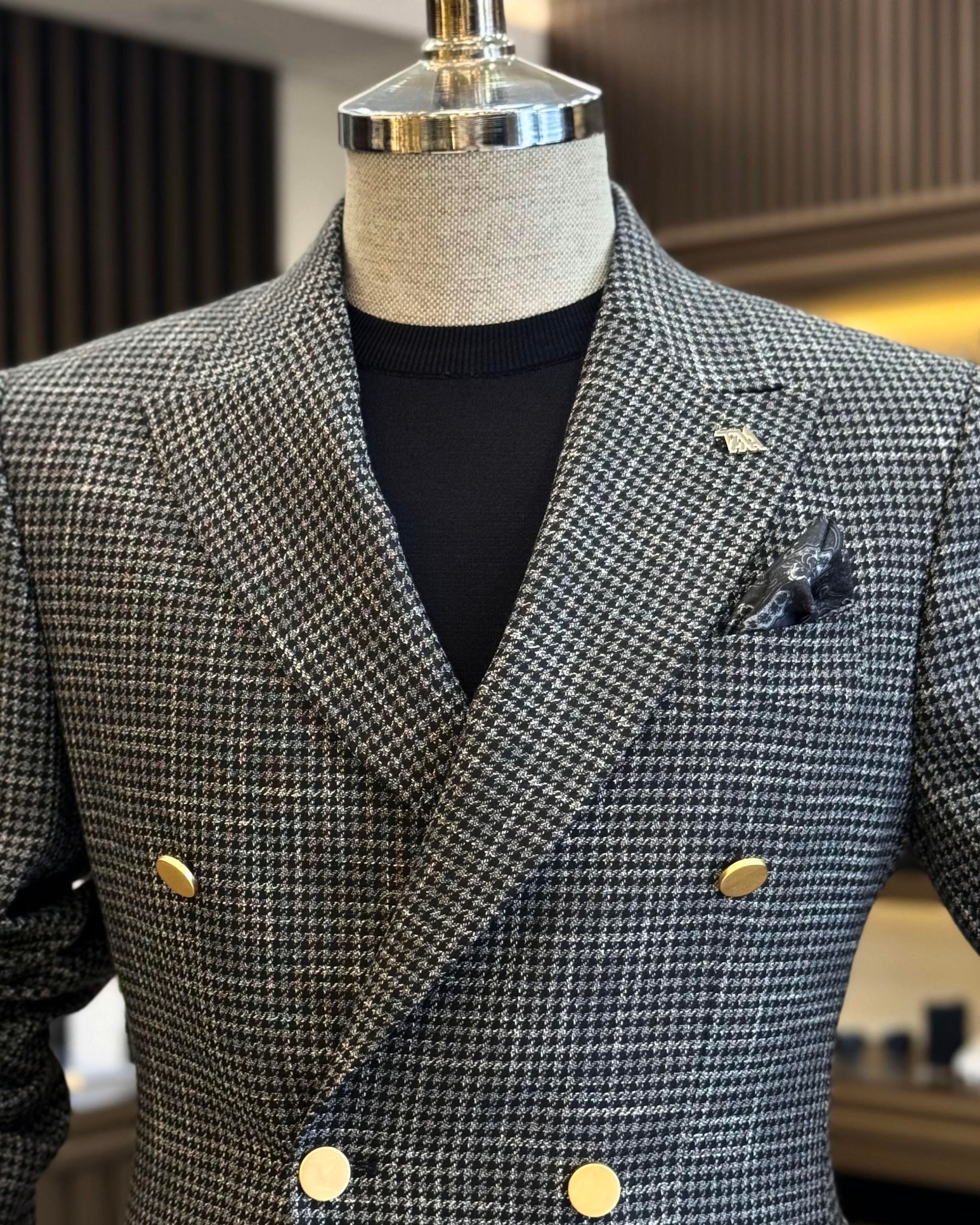 İtalyan stil slim fit kazayağı desen kruvaze erkek ceket siyah T12553