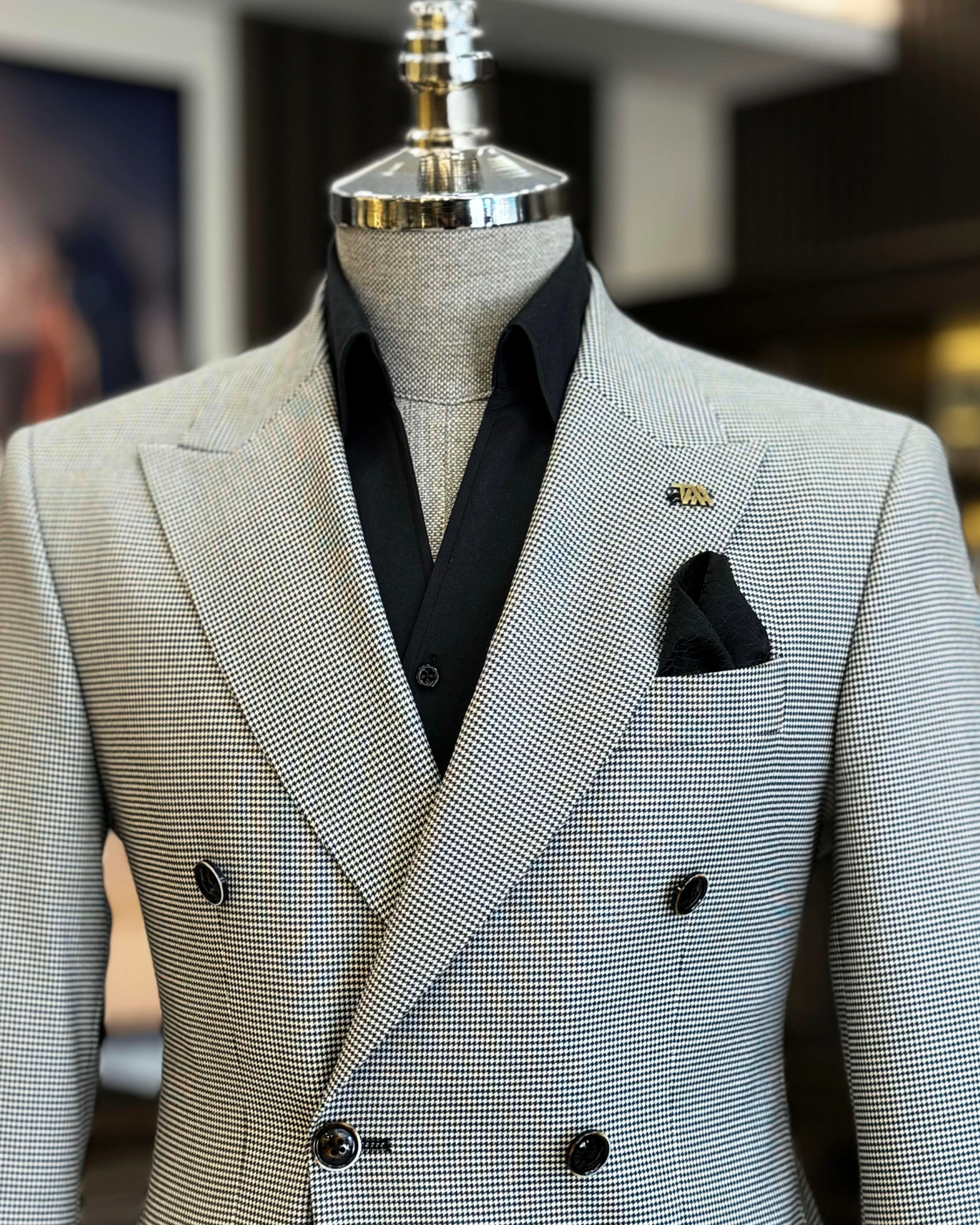 İtalyan stil slim fit kazayağı desen kruvaze erkek ceket  siyah T12624