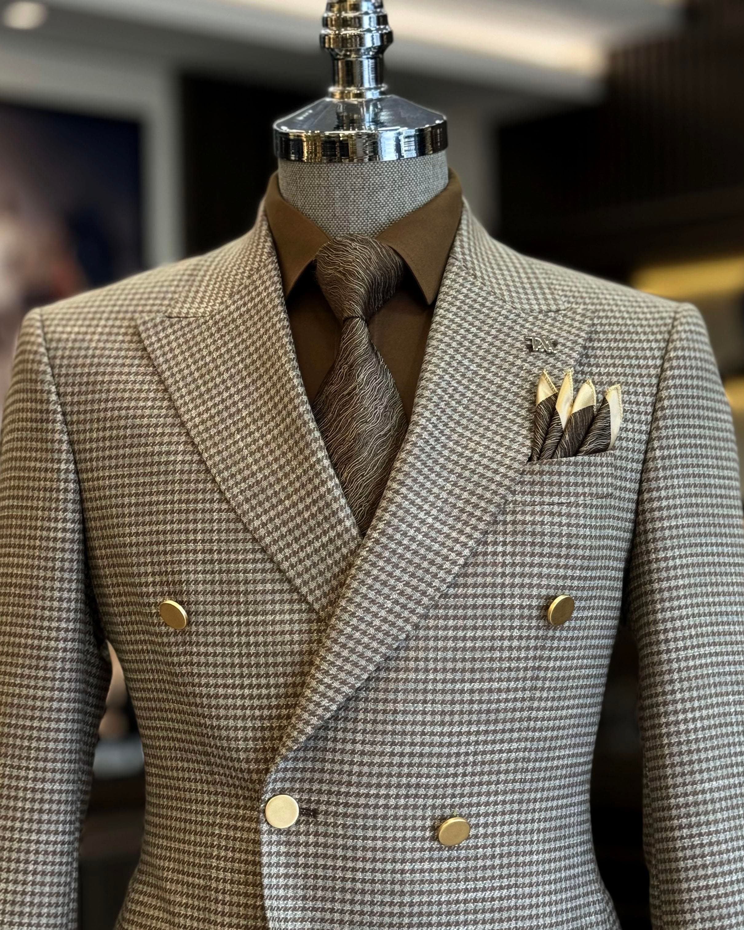 İtalyan stil slim fit kazayağı desen kruvaze erkek ceket kahverengi T12558