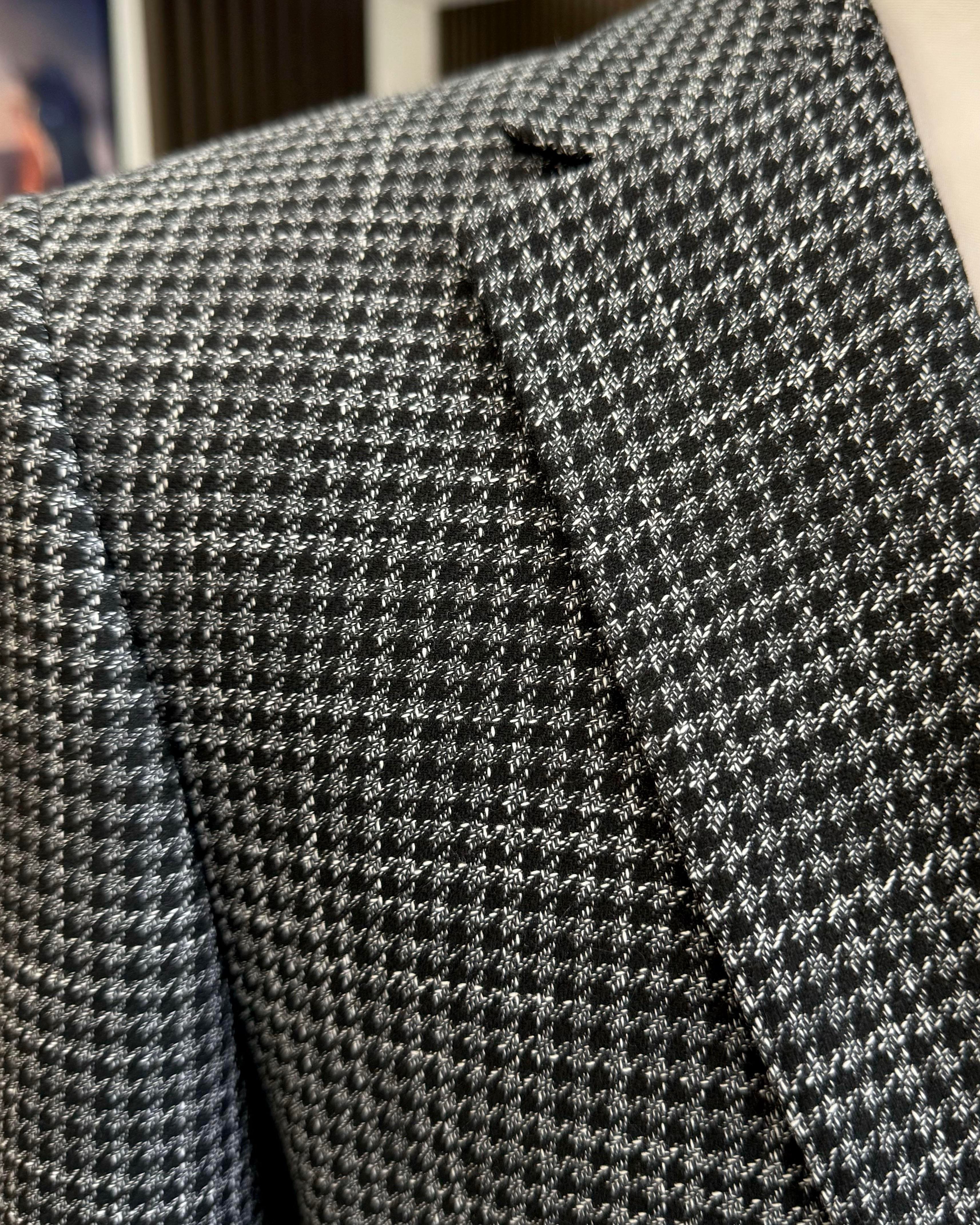 İtalyan stil slim fit kazayağı desenli ceket yelek pantolon takım elbise siyah T12791