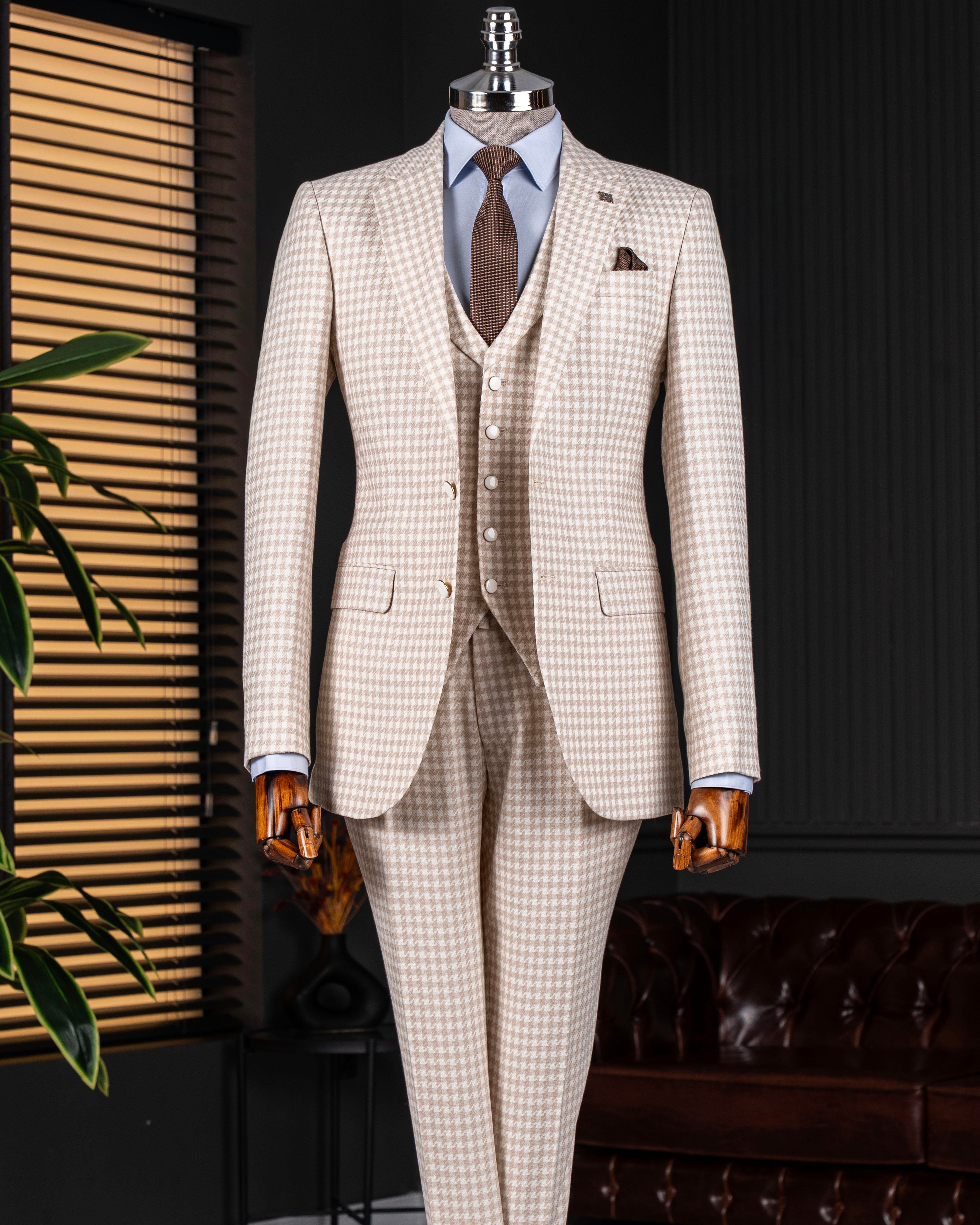 Italian style slim fit houndstooth patterned jacket vest trouser suit beige T12789