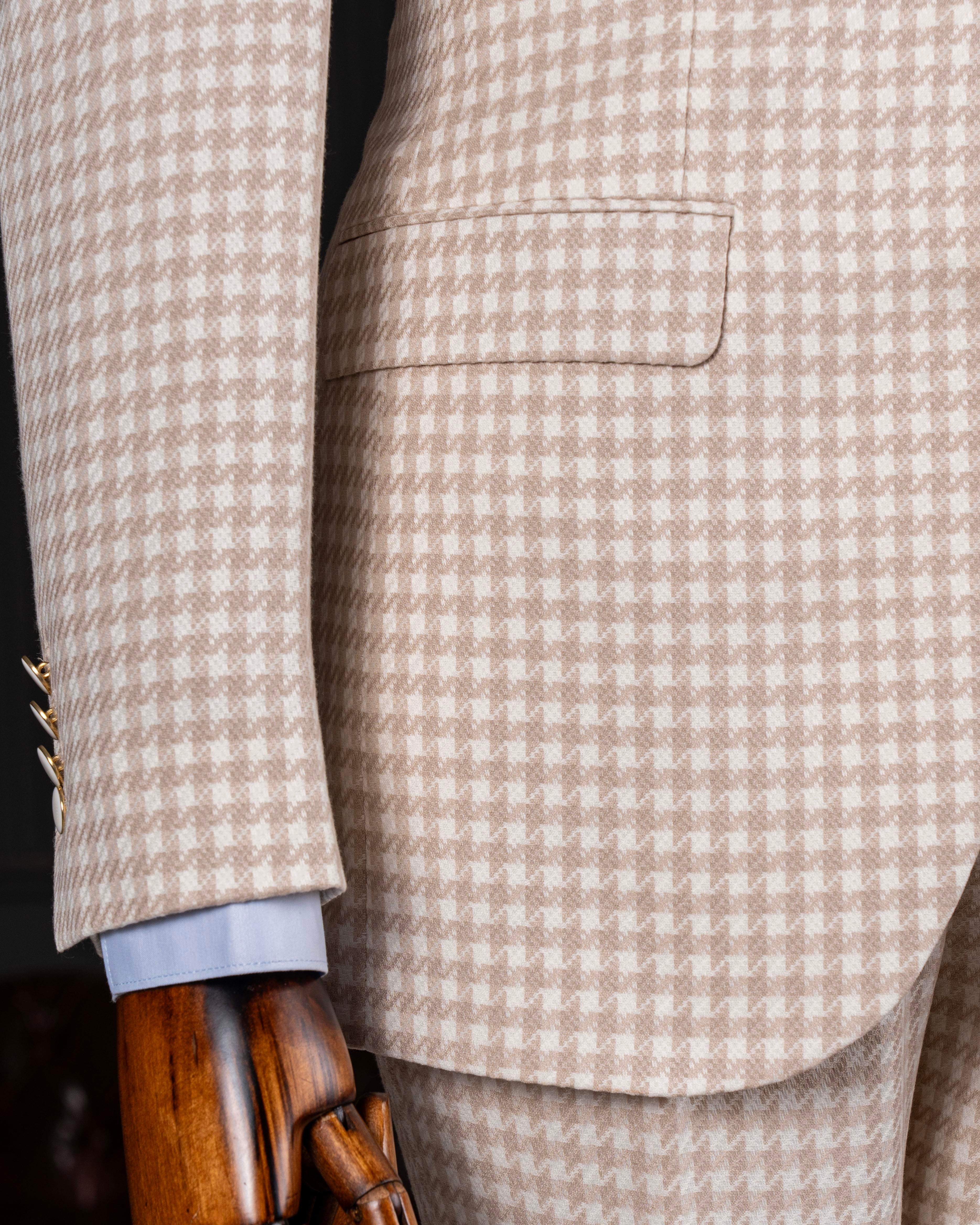 Italian style slim fit houndstooth patterned jacket vest trouser suit beige T12789