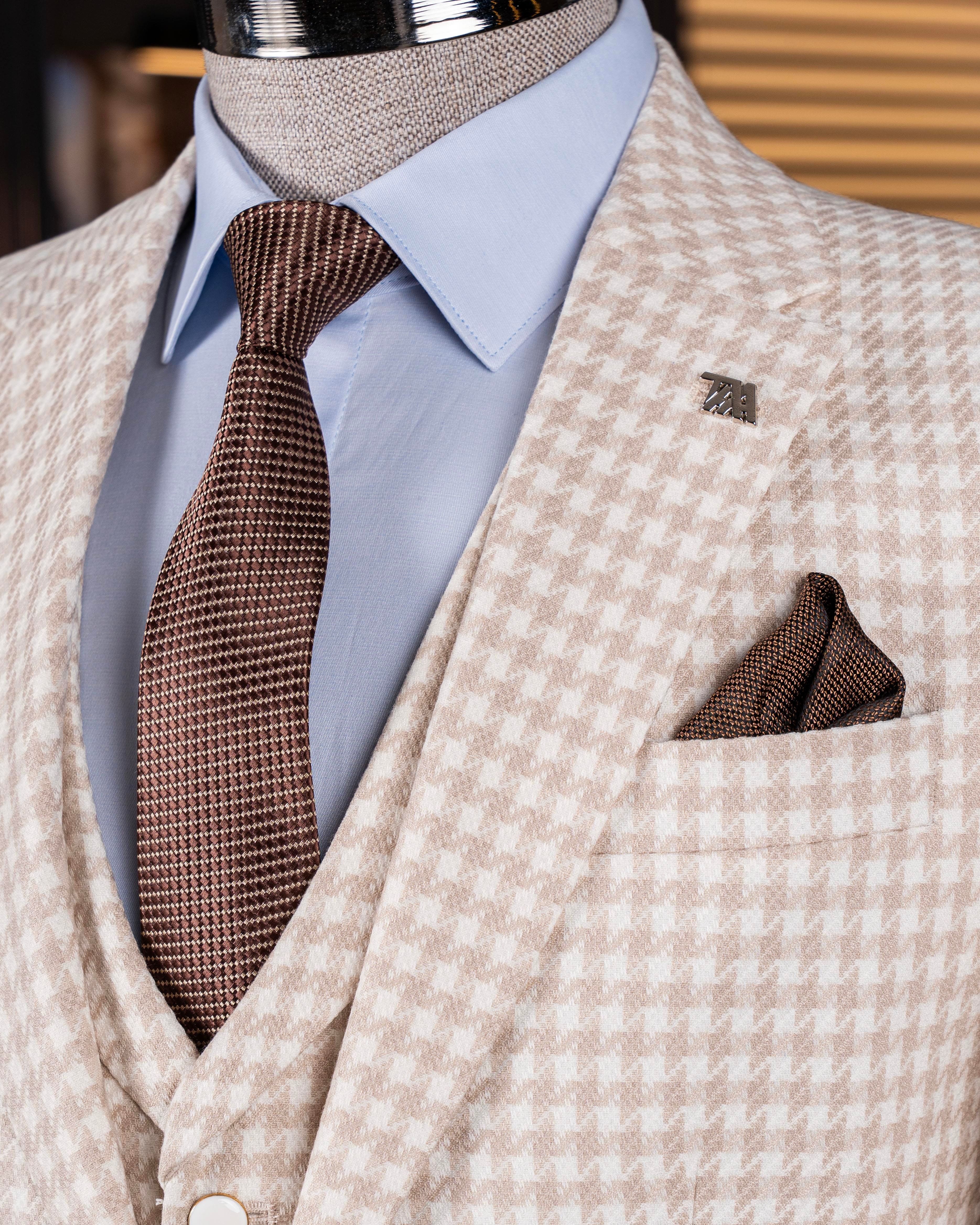 Italian style slim fit houndstooth patterned jacket vest trouser suit beige T12789