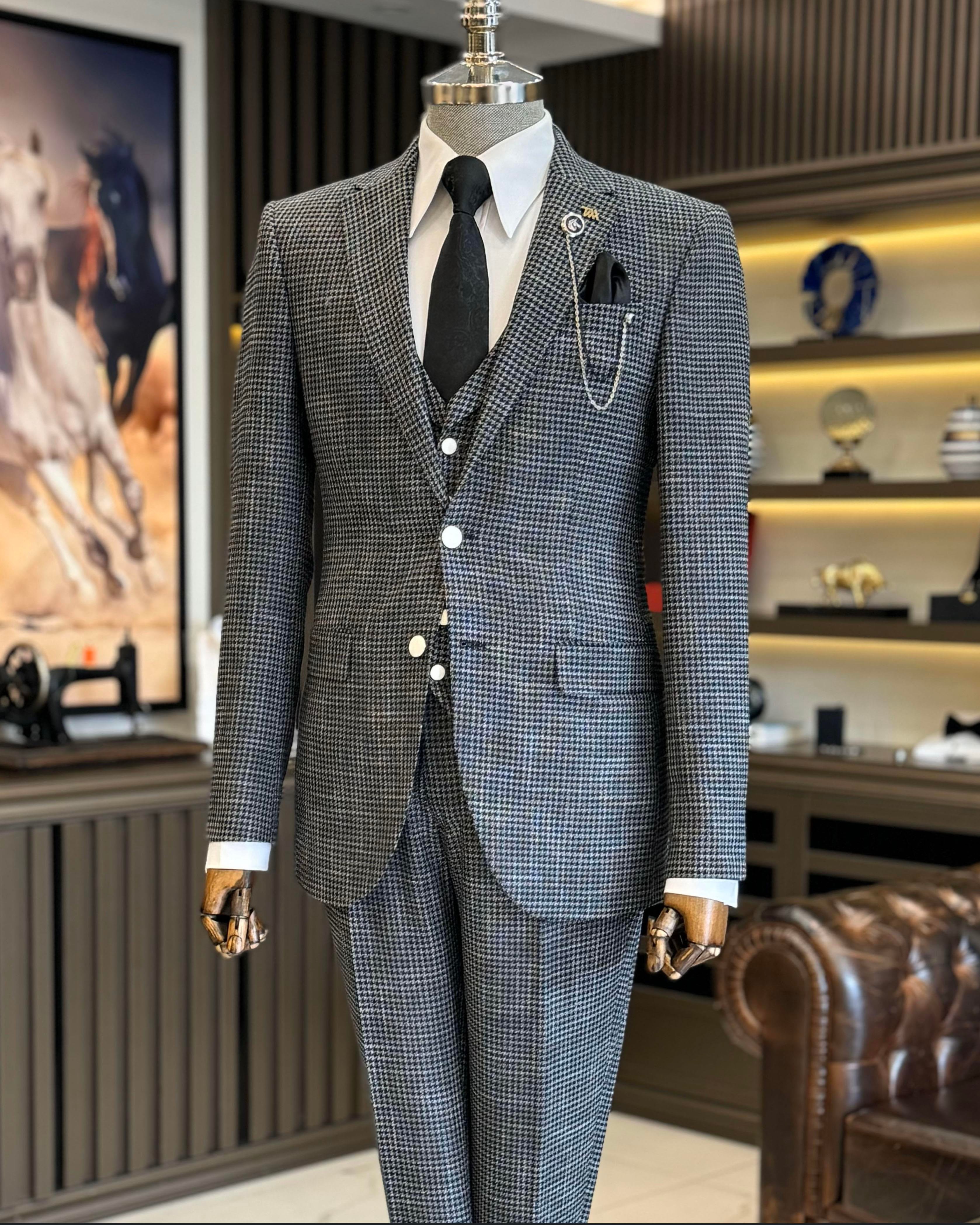 İtalyan stil slim fit kazayağı desenli ceket yelek pantolon takım elbise siyah T12791