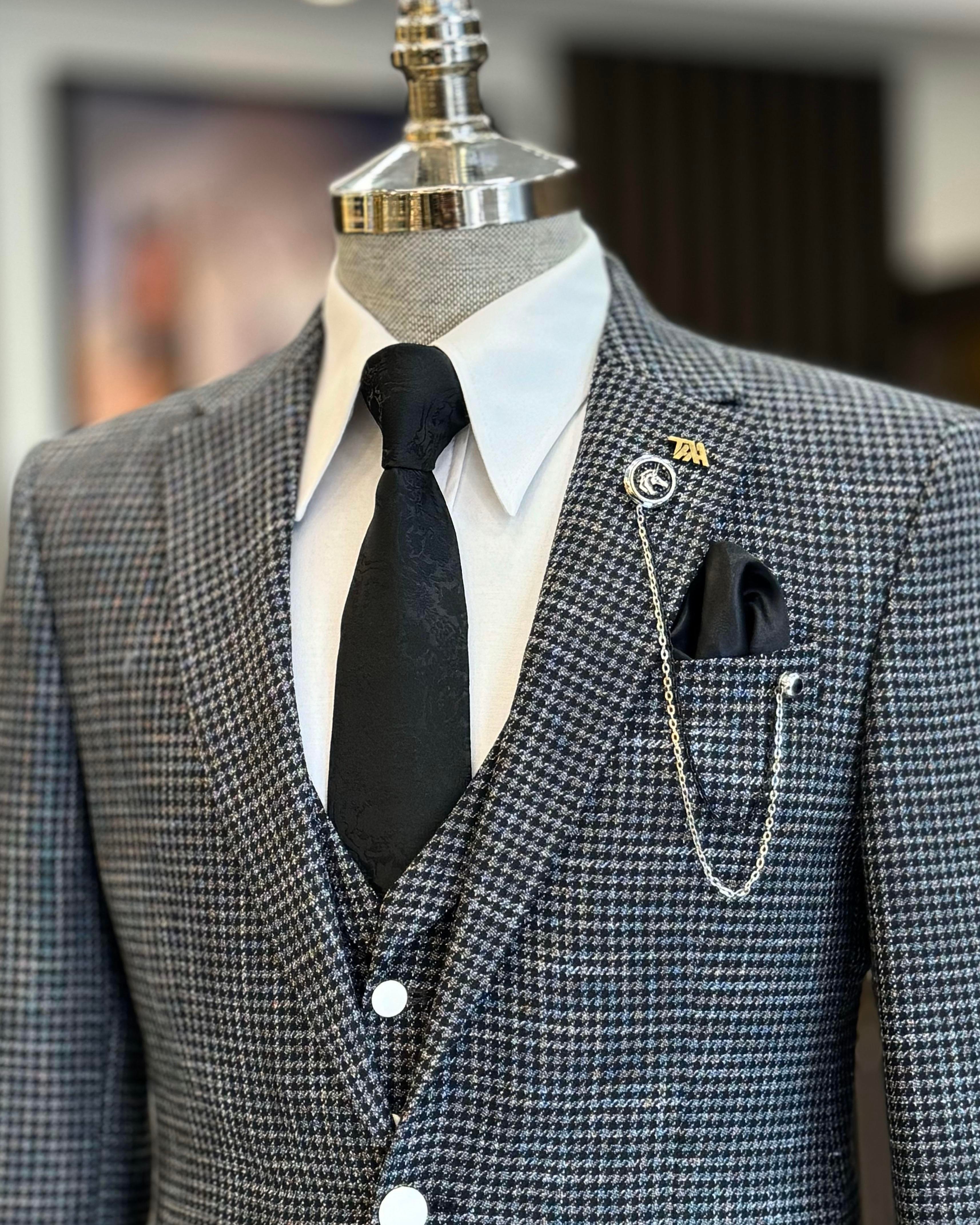 İtalyan stil slim fit kazayağı desenli ceket yelek pantolon takım elbise siyah T12791