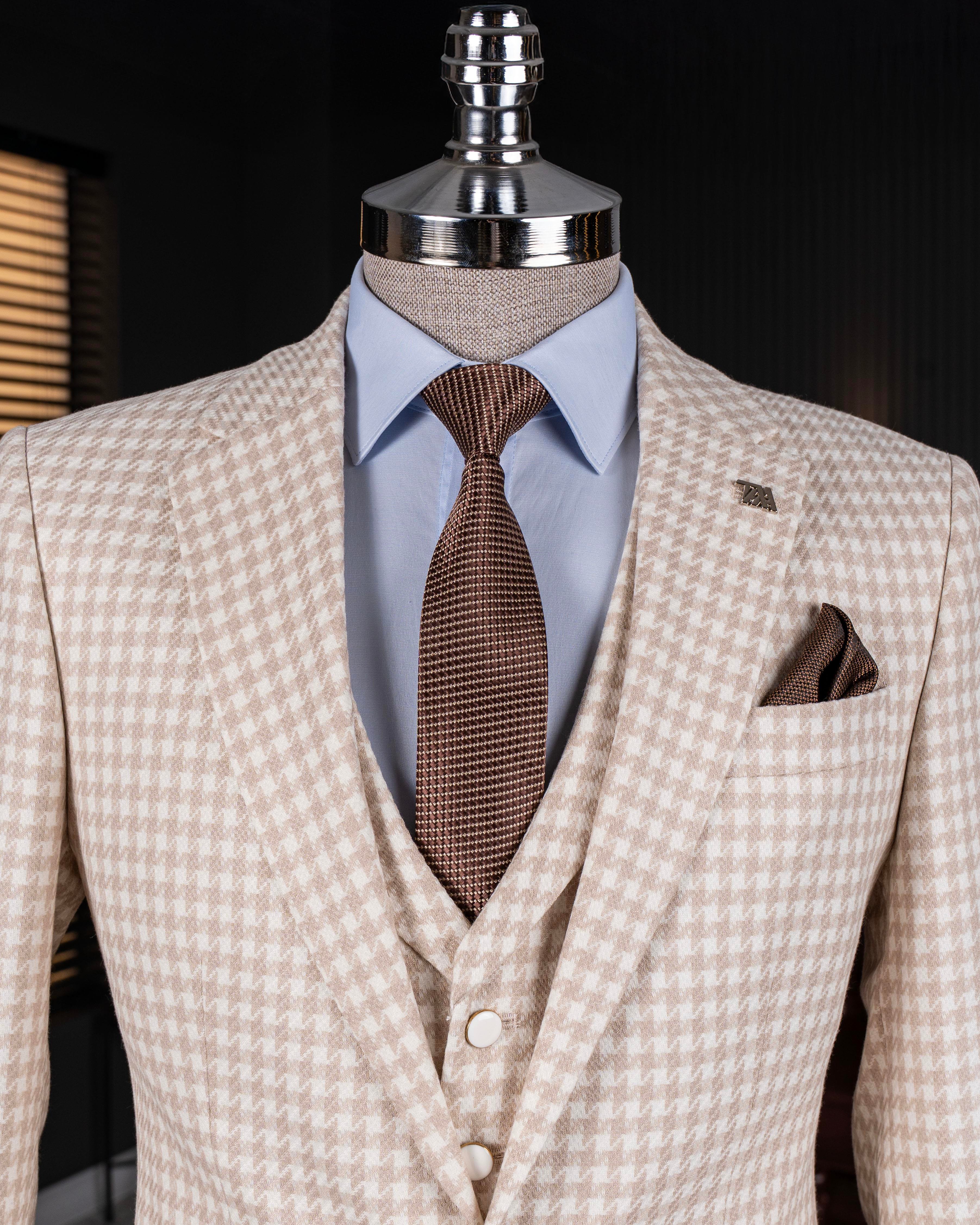 Italian style slim fit houndstooth patterned jacket vest trouser suit beige T12789