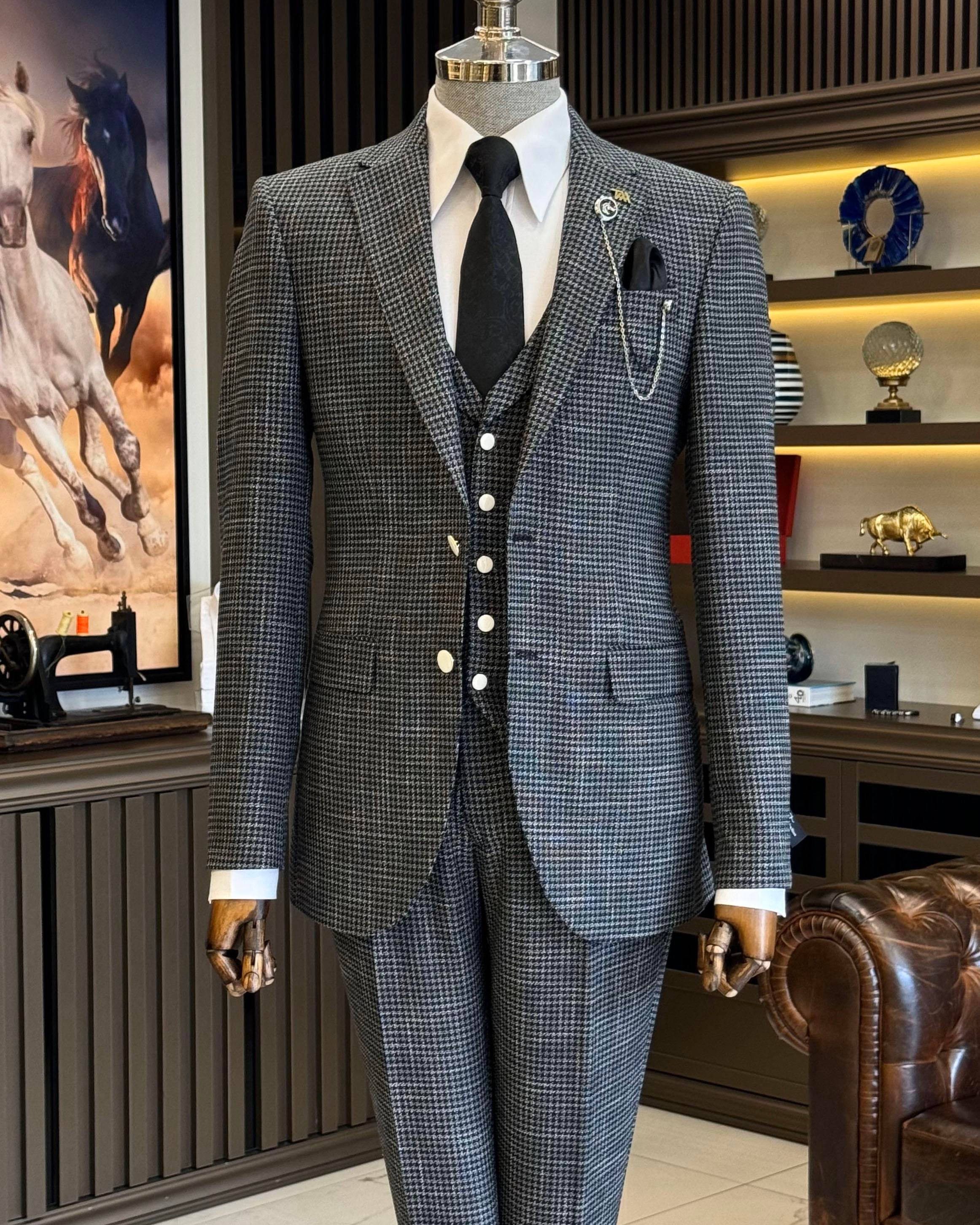 İtalyan stil slim fit kazayağı desenli ceket yelek pantolon takım elbise siyah T12791