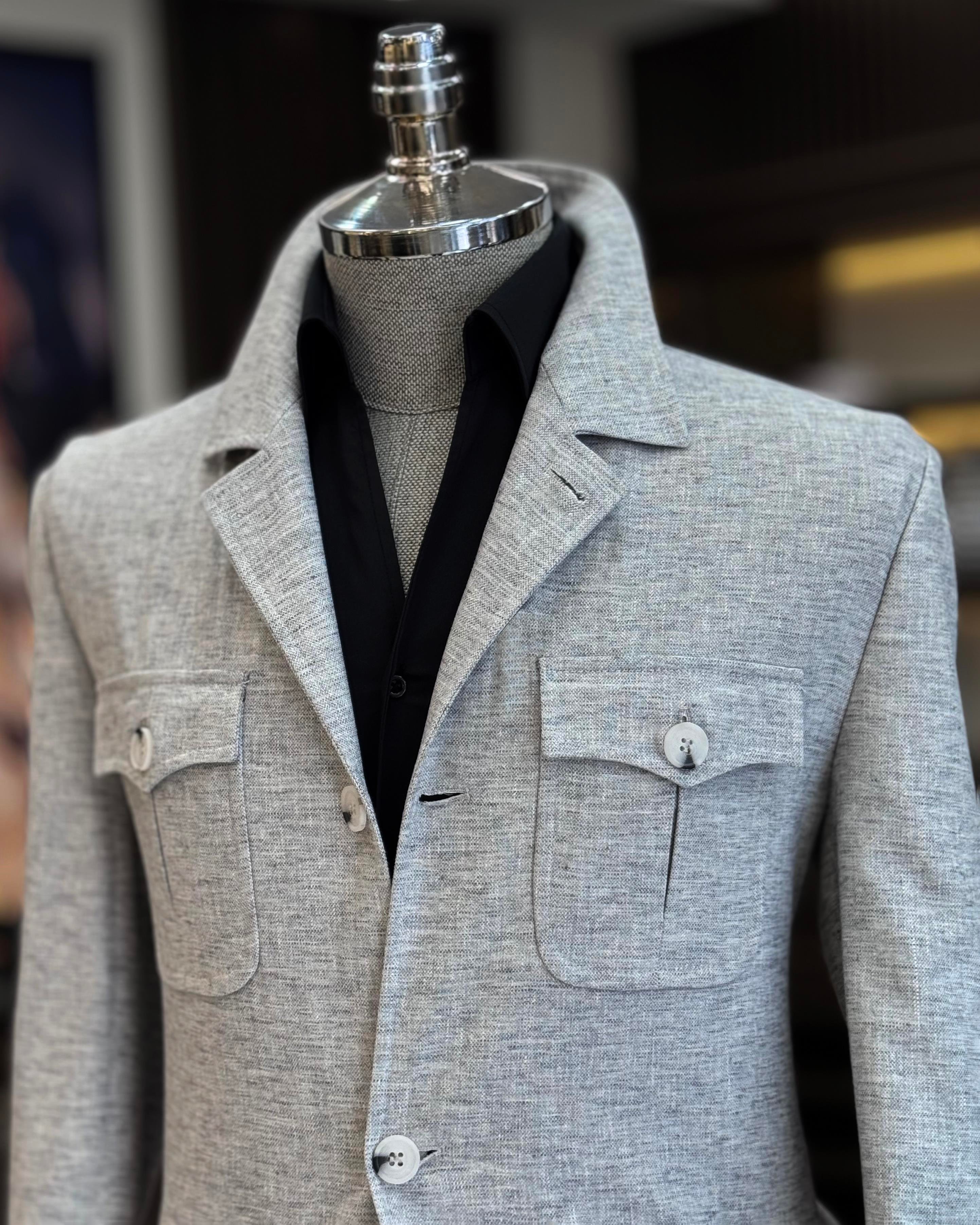Italyan stil slim fit keten cepli mevsimlik mont gri T11801