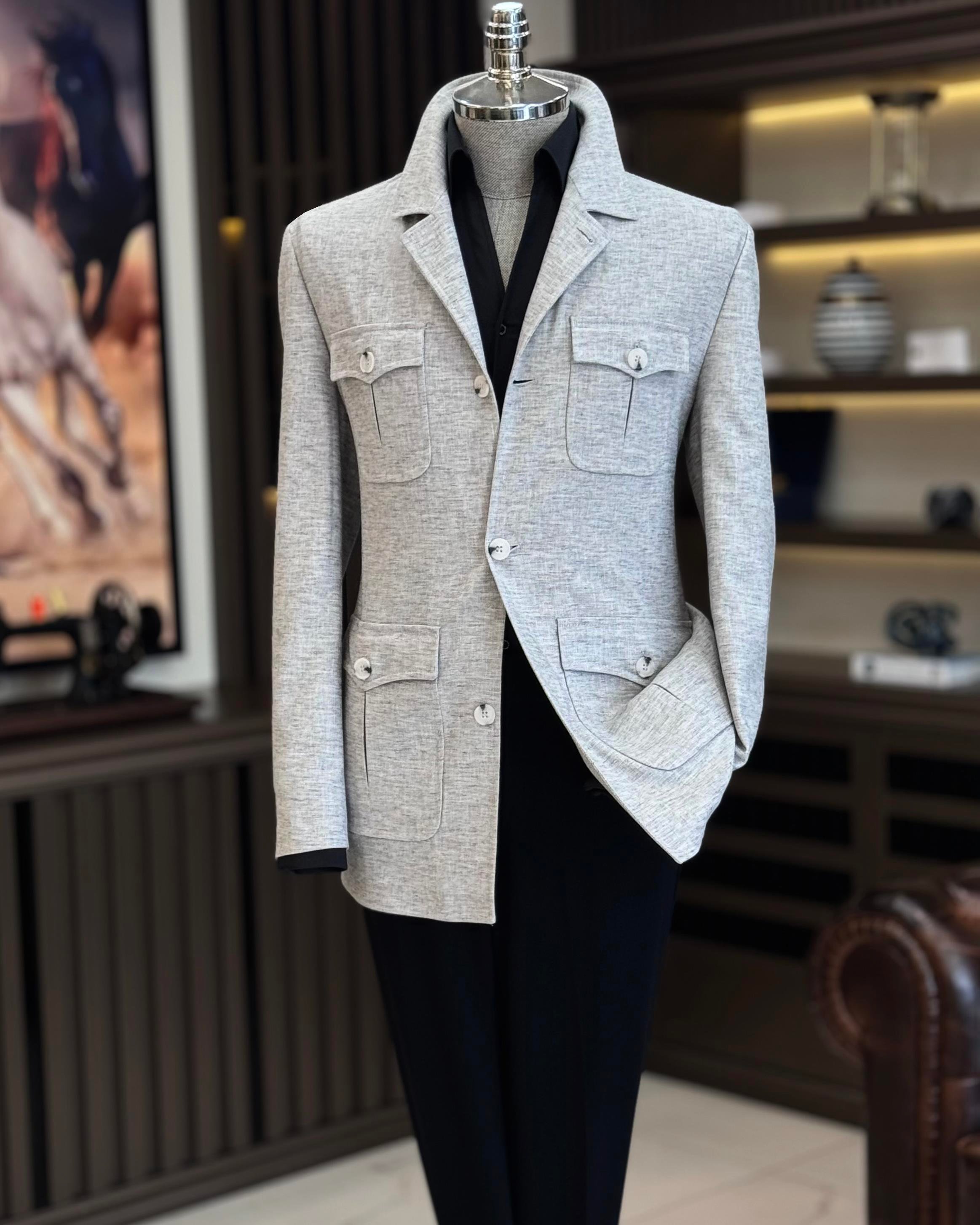 Italyan stil slim fit keten cepli mevsimlik mont gri T11801