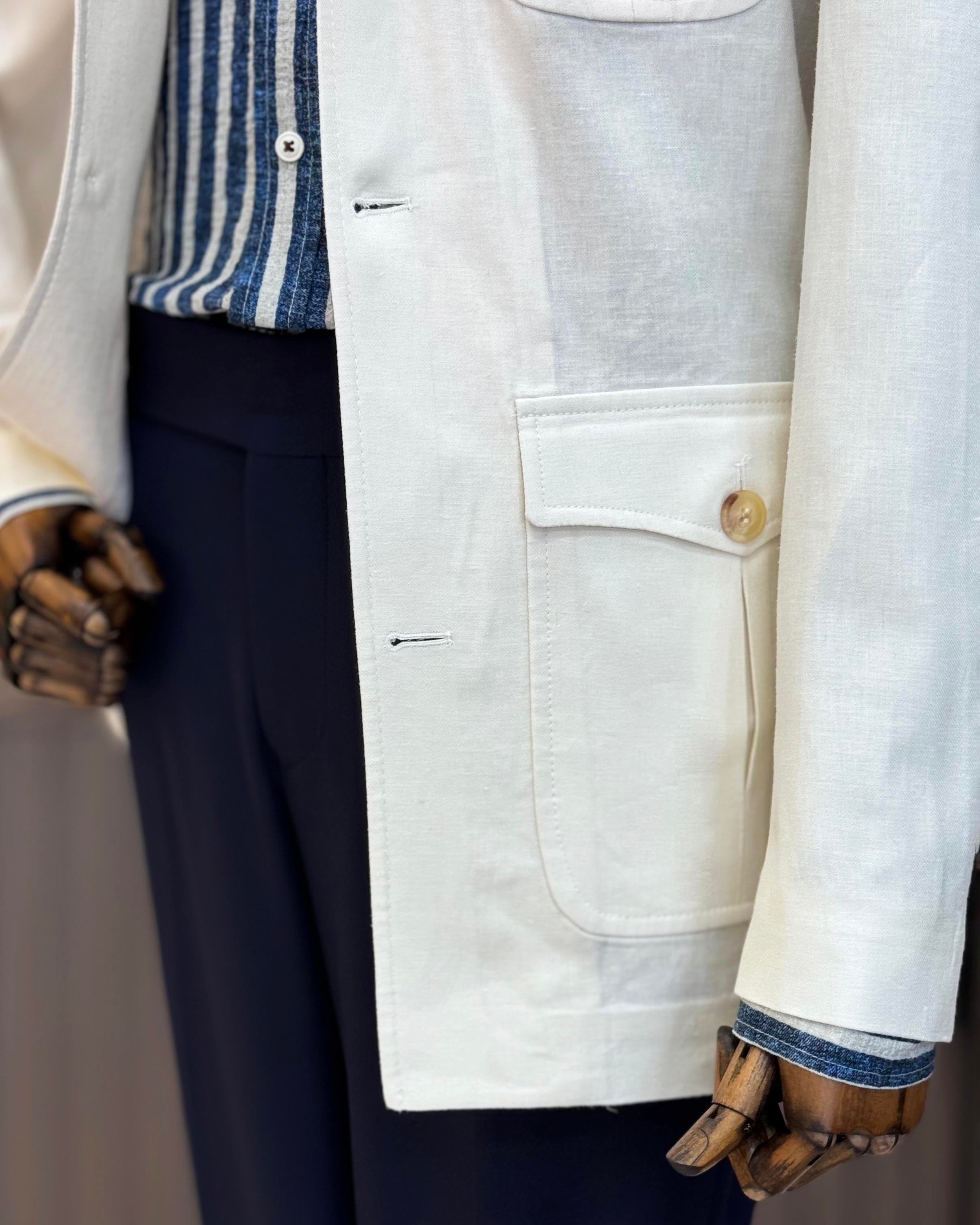 Italyan stil slim fit keten cepli mevsimlik mont ekru T11800