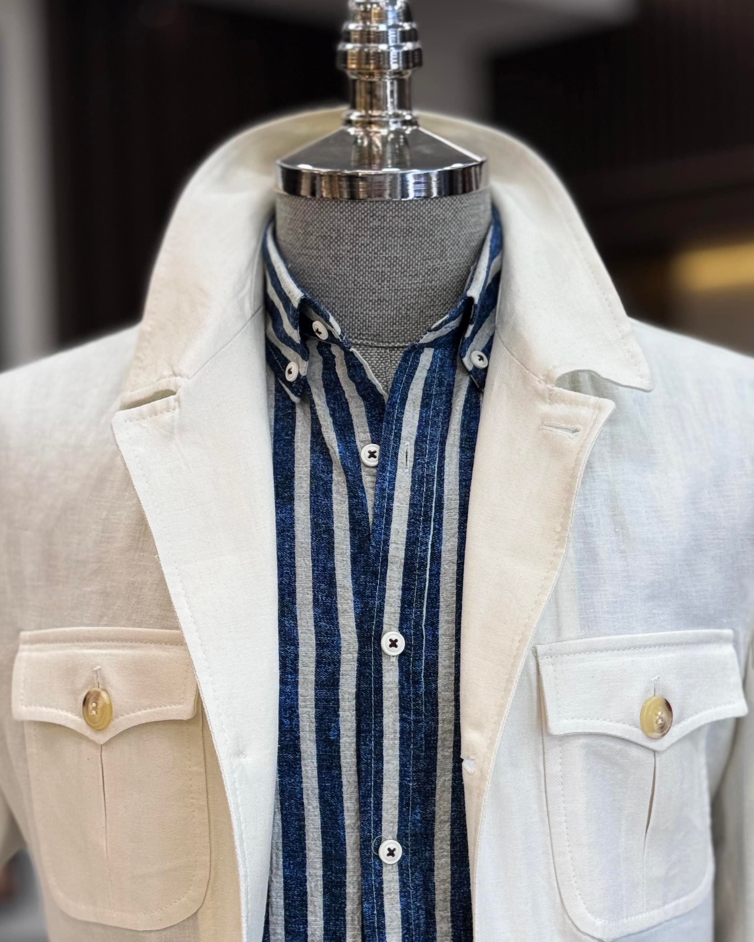 Italyan stil slim fit keten cepli mevsimlik mont ekru T11800