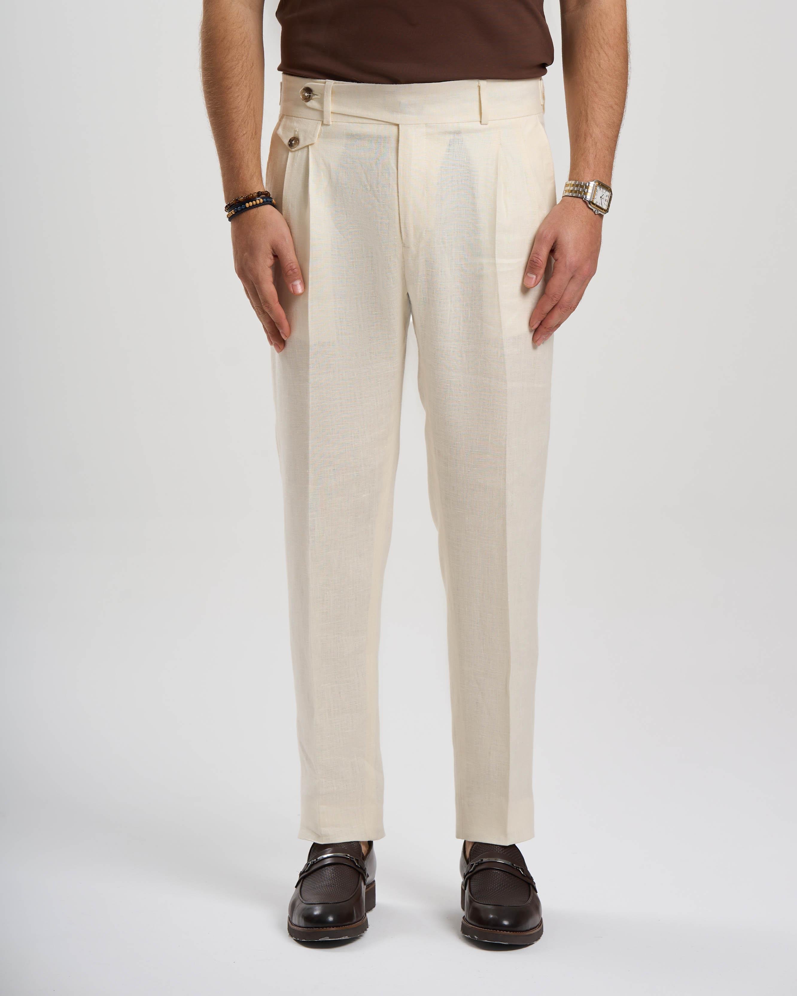 İtalyan stil slim fit keten karışımlı pantolon beyaz T13623