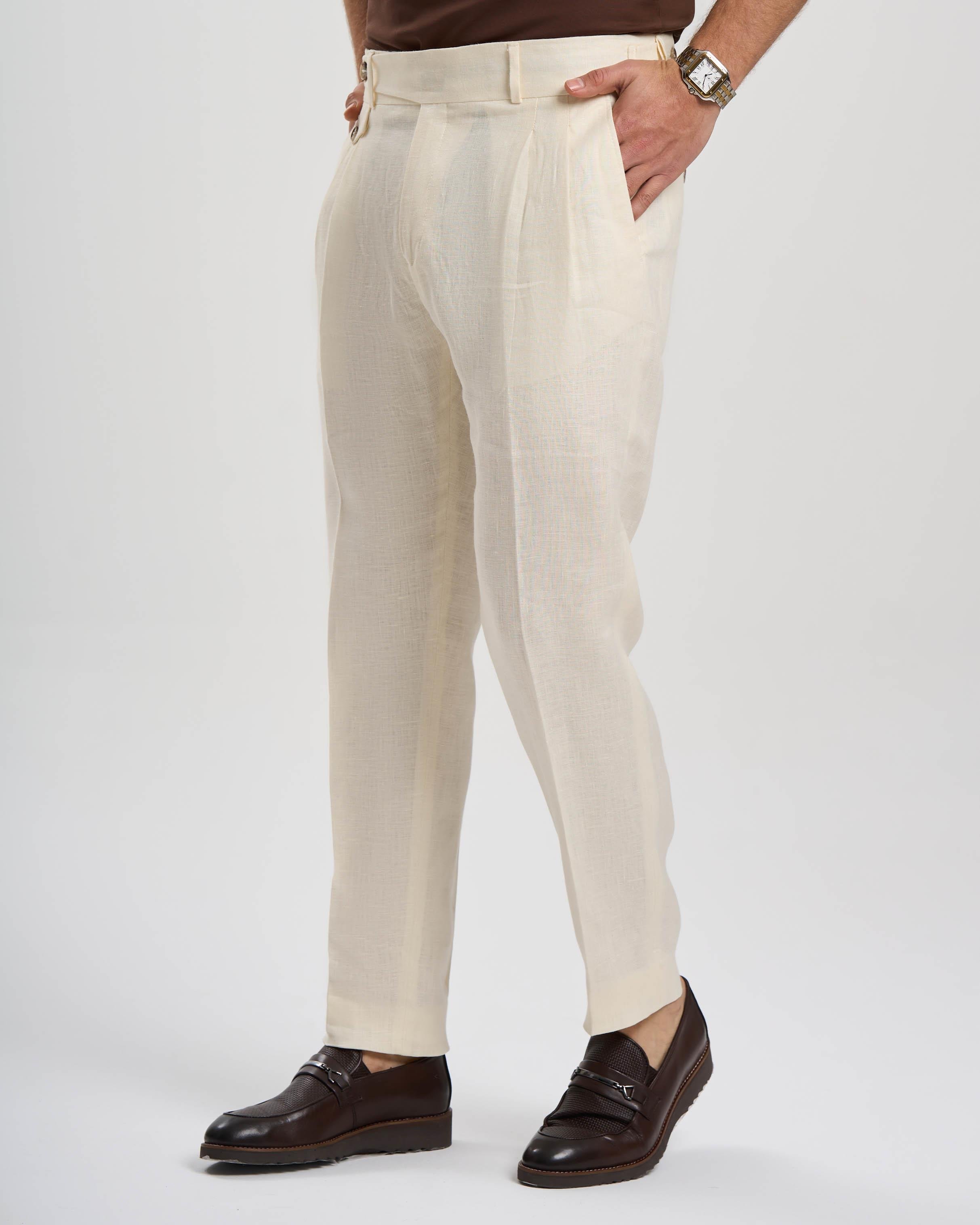 İtalyan stil slim fit keten karışımlı pantolon beyaz T13623