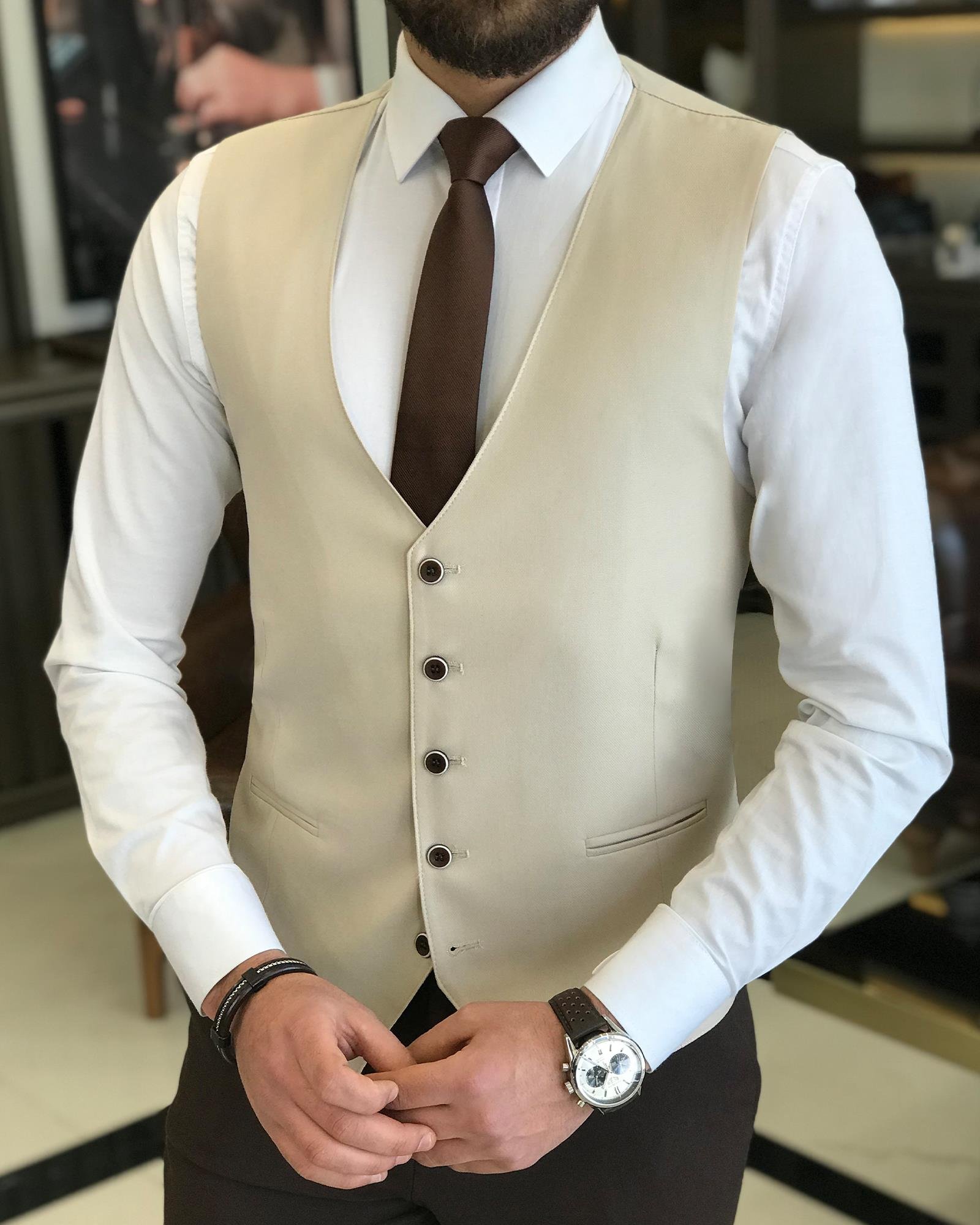 İtalyan stil slim fit keten karışımlı kareli ceket yelek pantolon takım elbise camel T9354
