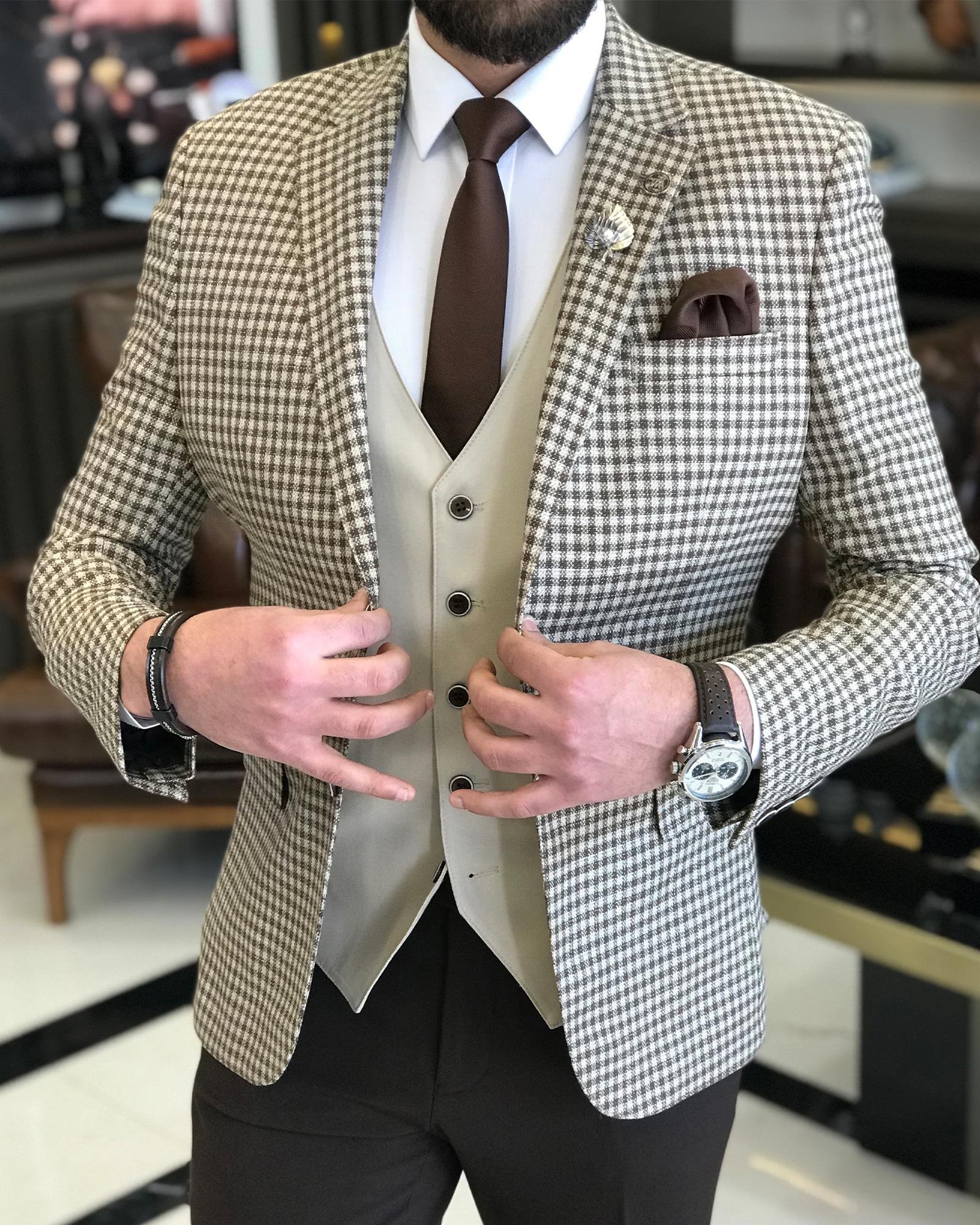 İtalyan stil slim fit keten karışımlı kareli ceket yelek pantolon takım elbise camel T9354