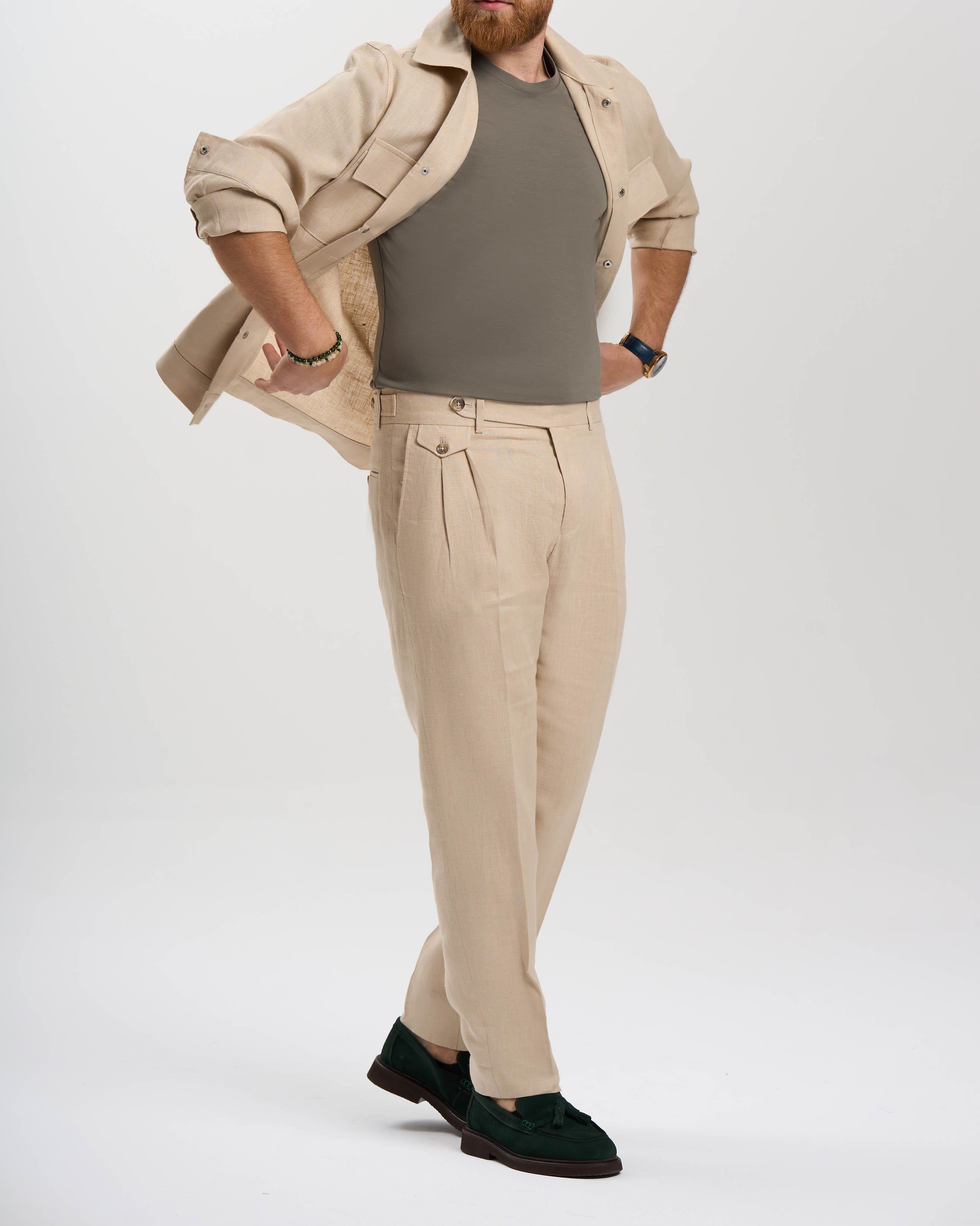 İtalyan stil slim fit keten karışımlı pantolon bej T13624