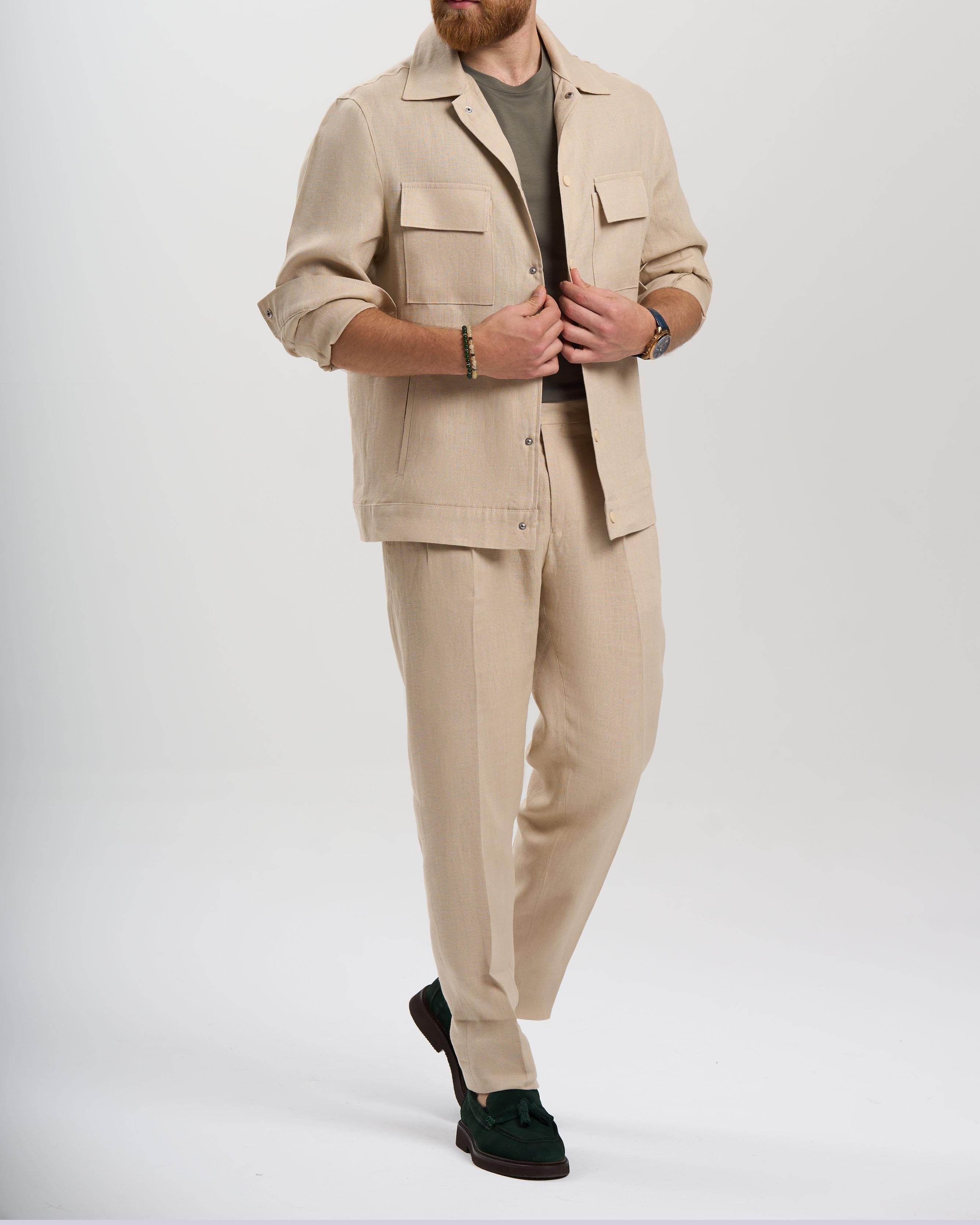 İtalyan stil slim fit keten karışımlı pantolon bej T13624