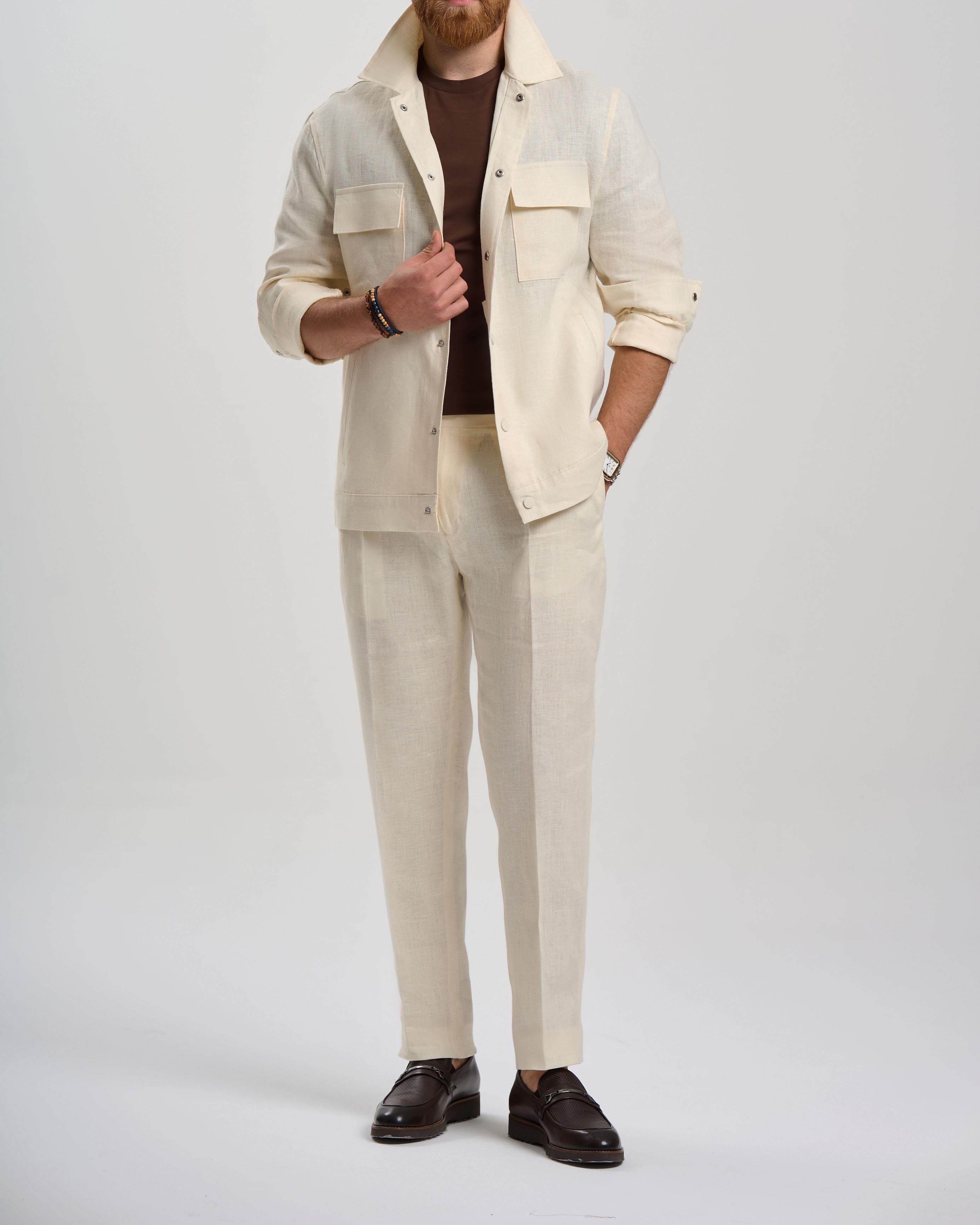 İtalyan stil slim fit keten karışımlı pantolon beyaz T13623