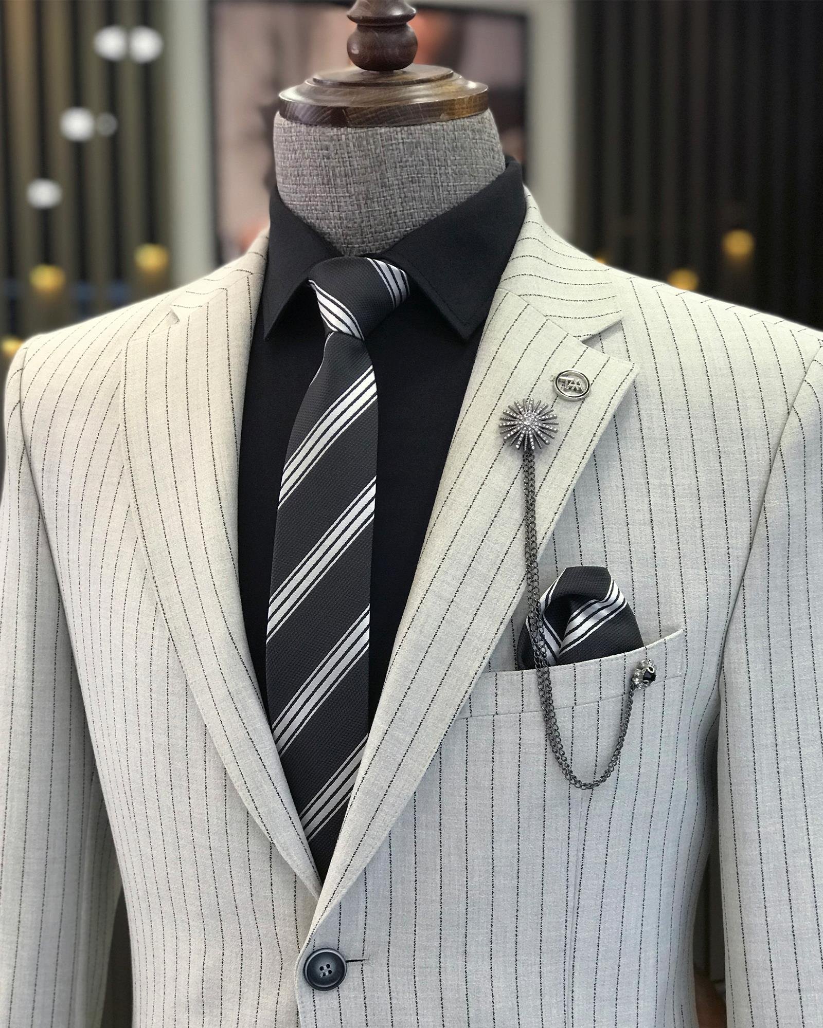 İtalyan stil slim fit keten karışımlı çizgili ceket pantolon takım elbise gri T9370