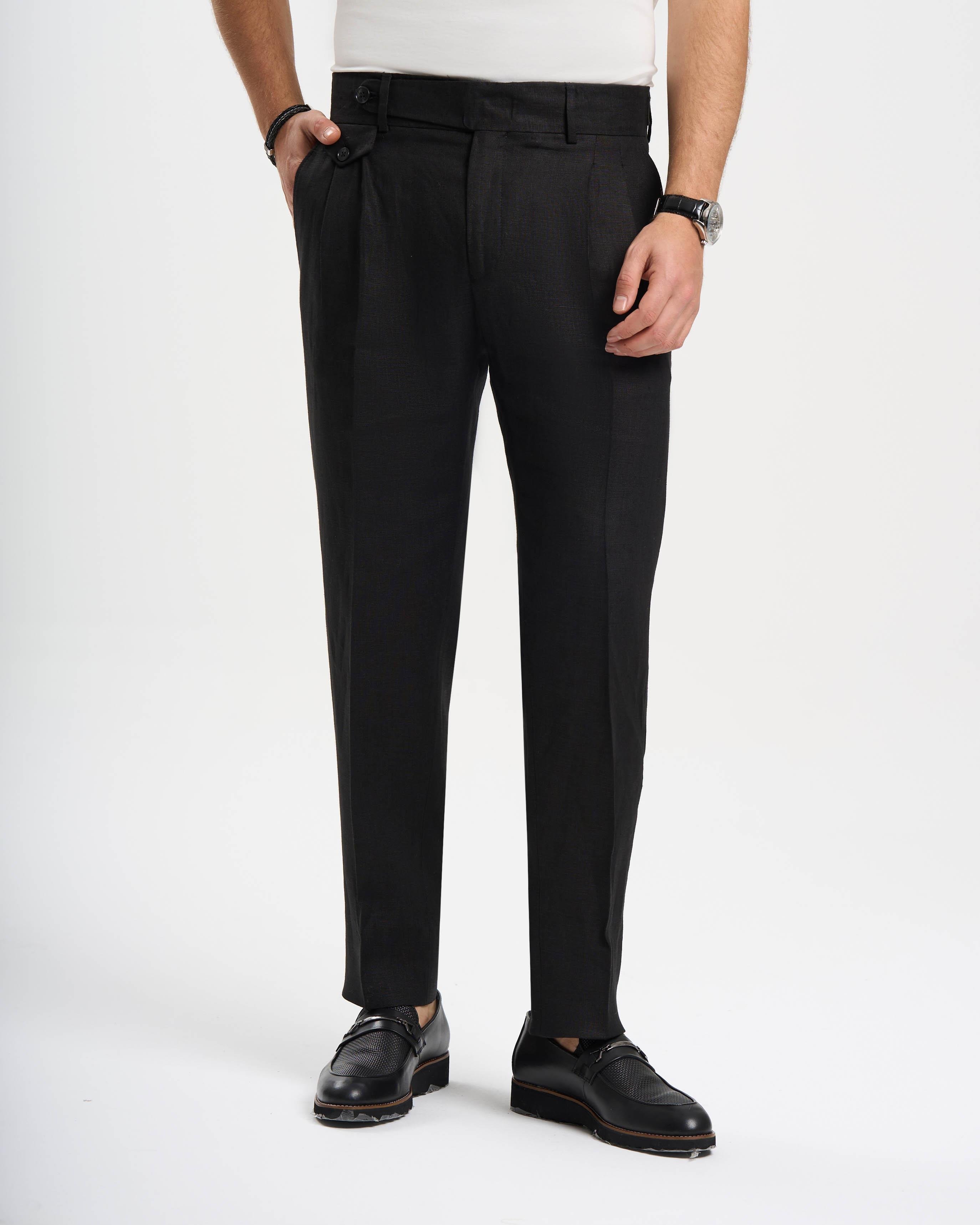 İtalyan stil slim fit keten karışımlı pantolon siyah T13626