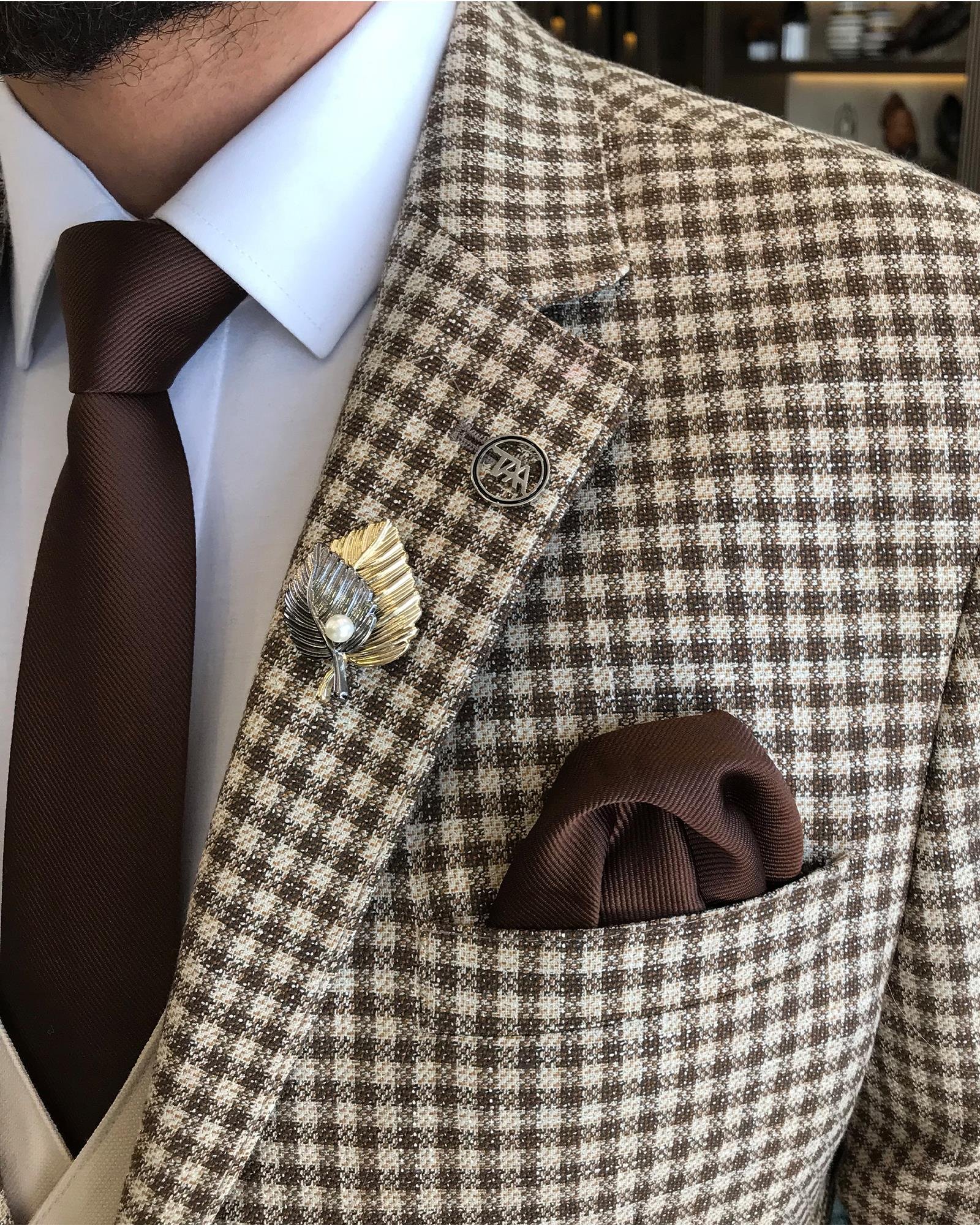 İtalyan stil slim fit keten karışımlı kareli ceket yelek pantolon takım elbise camel T9354