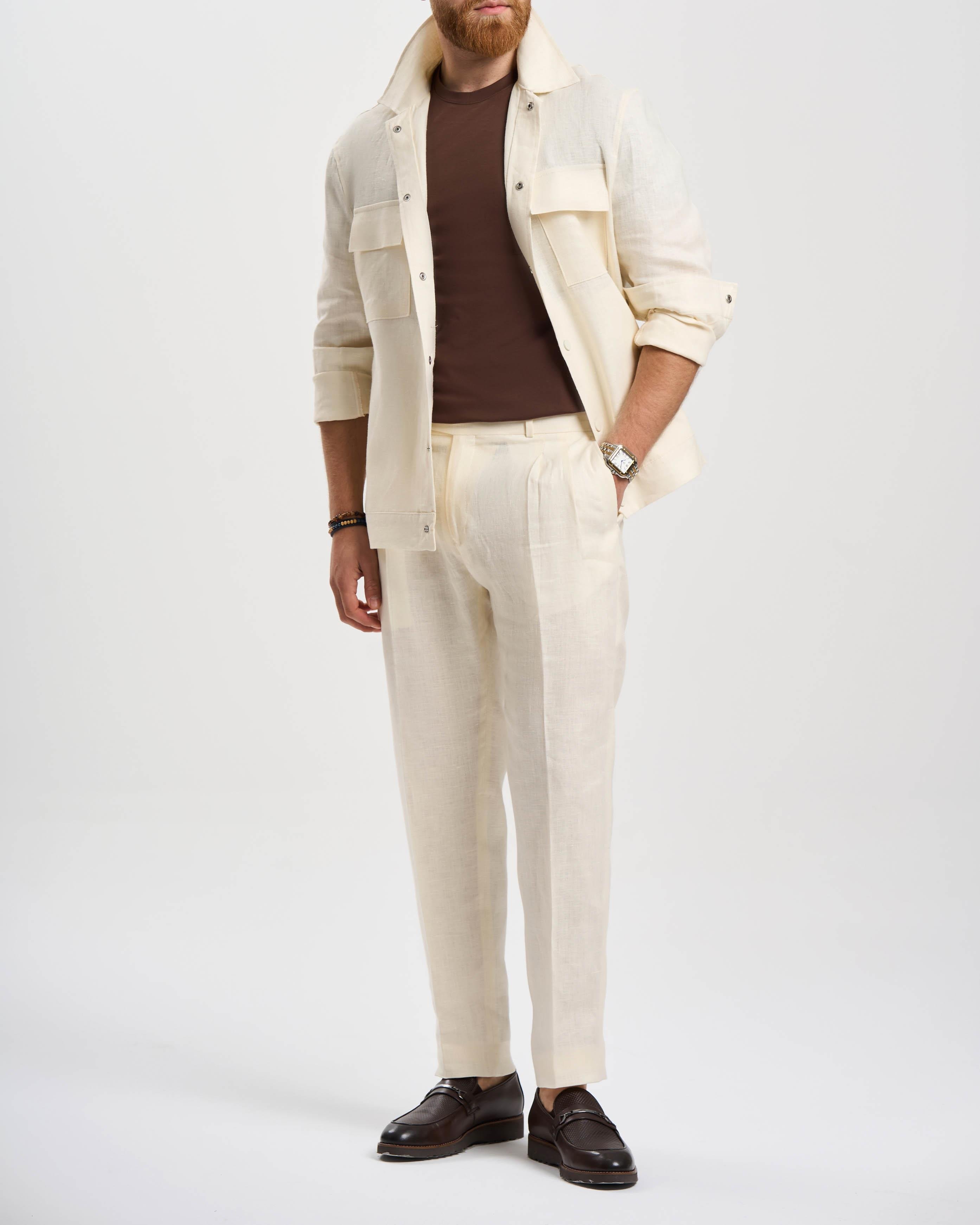 İtalyan stil slim fit keten karışımlı pantolon beyaz T13623