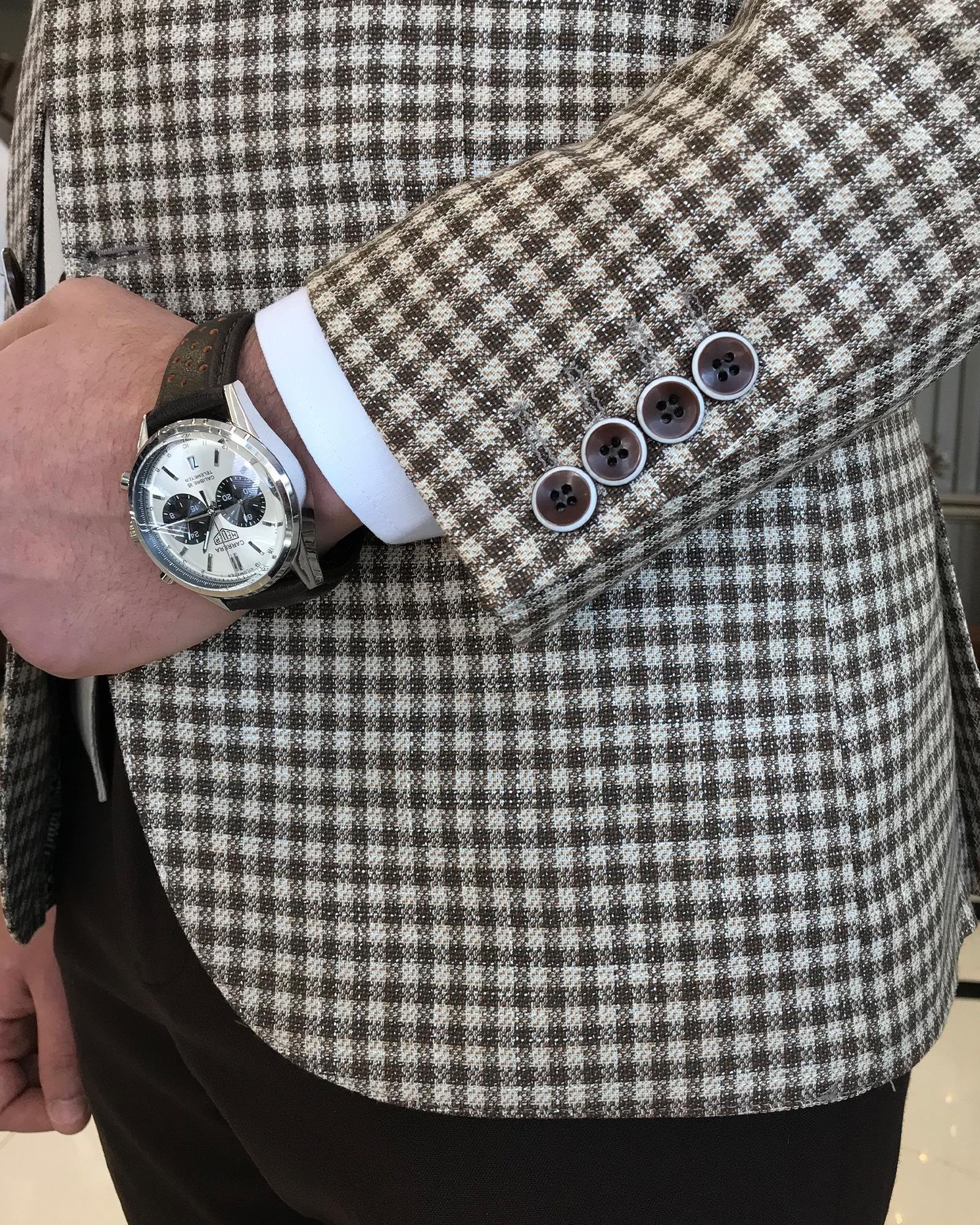 İtalyan stil slim fit keten karışımlı kareli ceket yelek pantolon takım elbise camel T9354