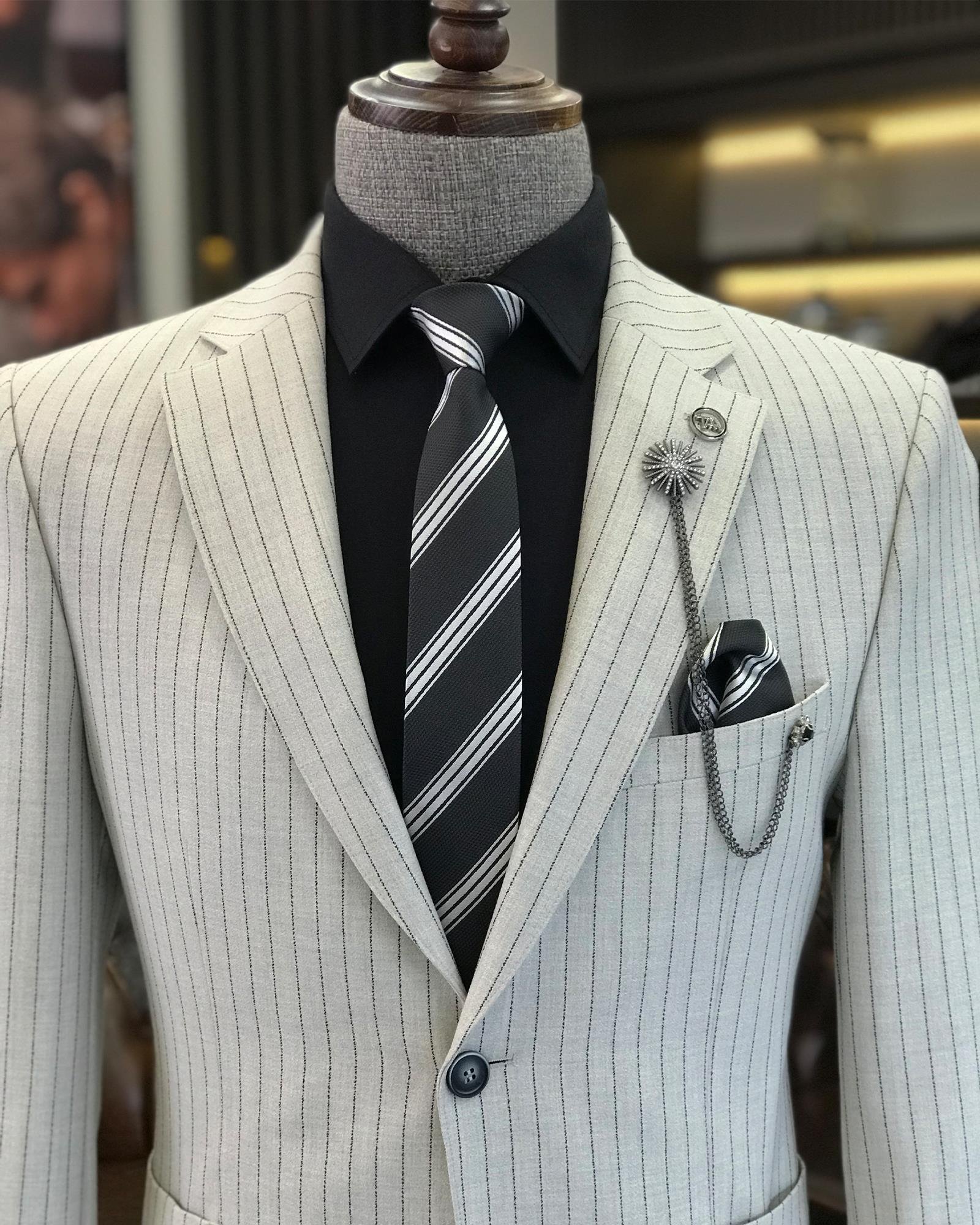 İtalyan stil slim fit keten karışımlı çizgili ceket pantolon takım elbise gri T9370