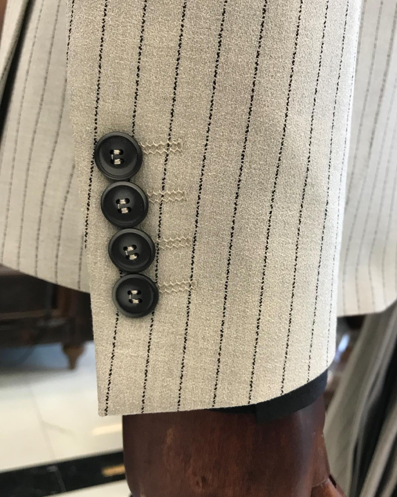 İtalyan stil slim fit keten karışımlı çizgili ceket pantolon takım elbise gri T9370