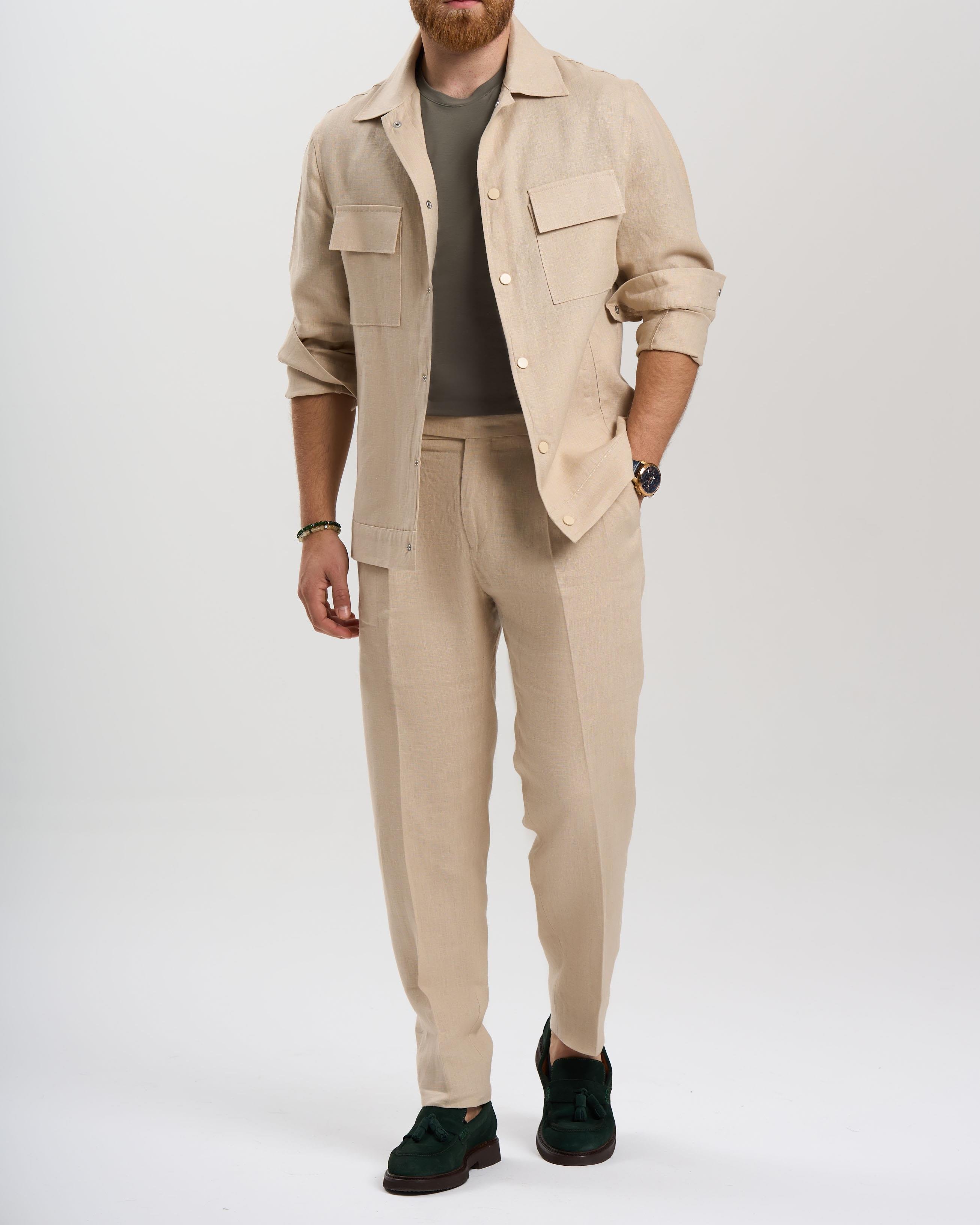 İtalyan stil slim fit keten karışımlı pantolon bej T13624