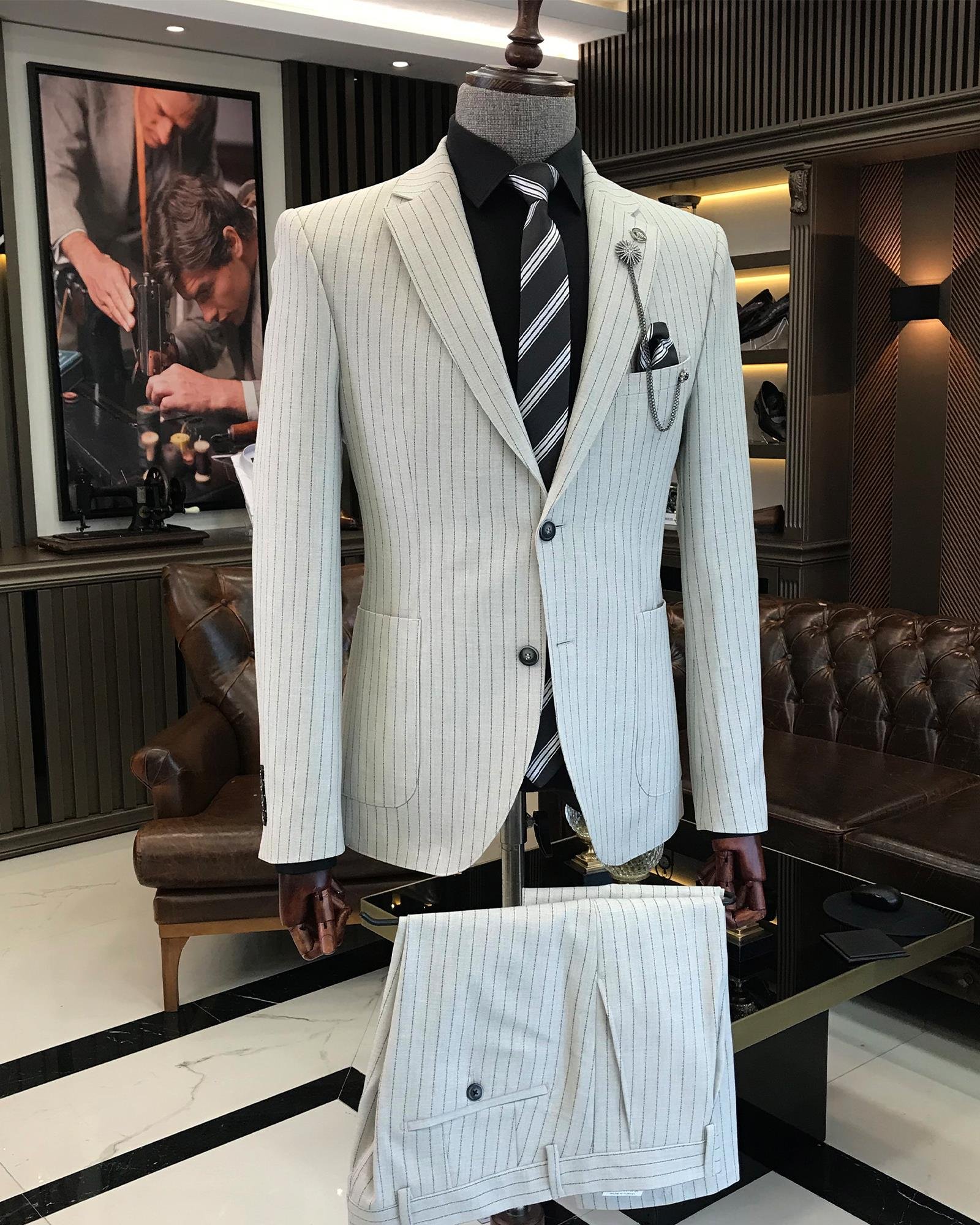 İtalyan stil slim fit keten karışımlı çizgili ceket pantolon takım elbise gri T9370