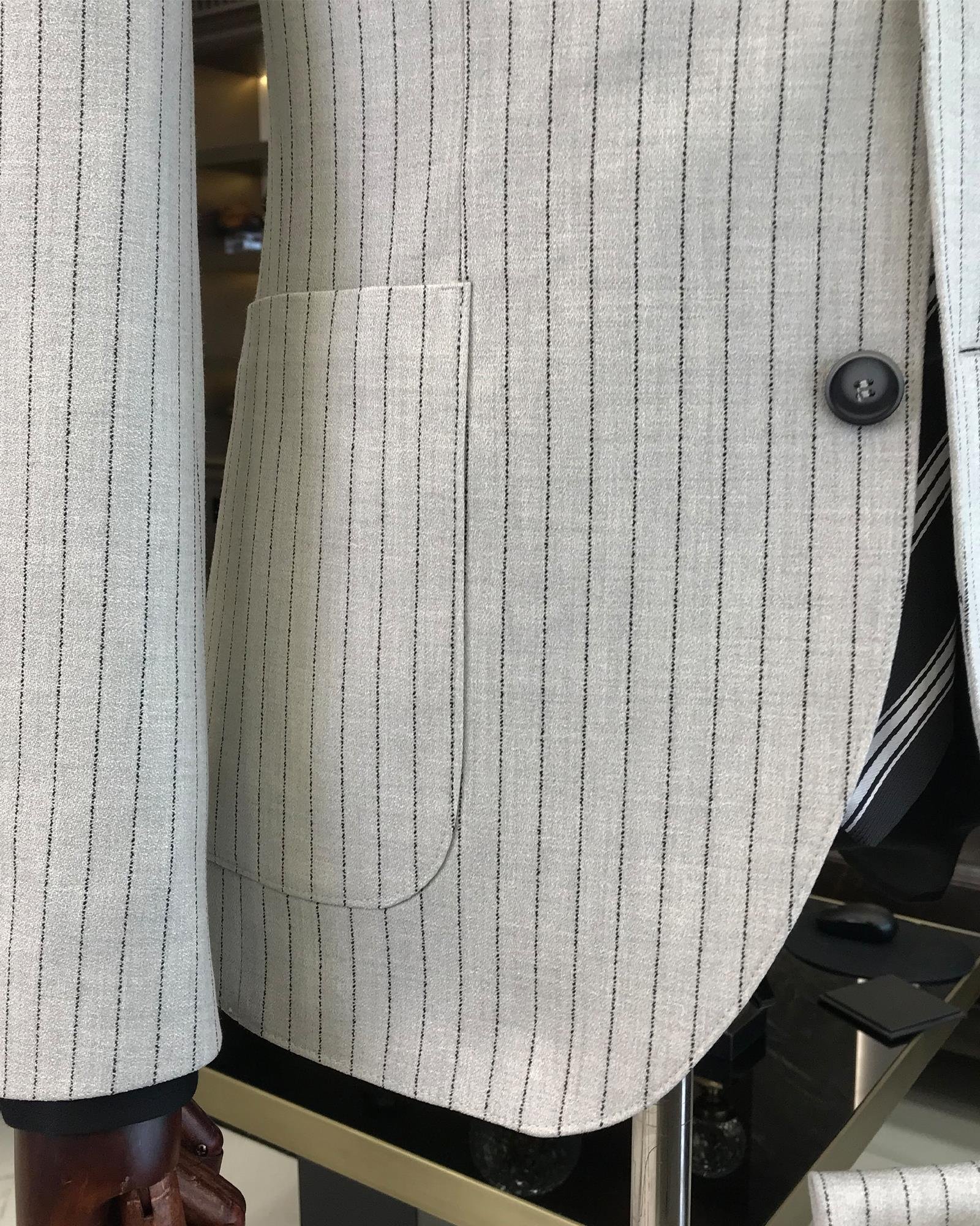 İtalyan stil slim fit keten karışımlı çizgili ceket pantolon takım elbise gri T9370